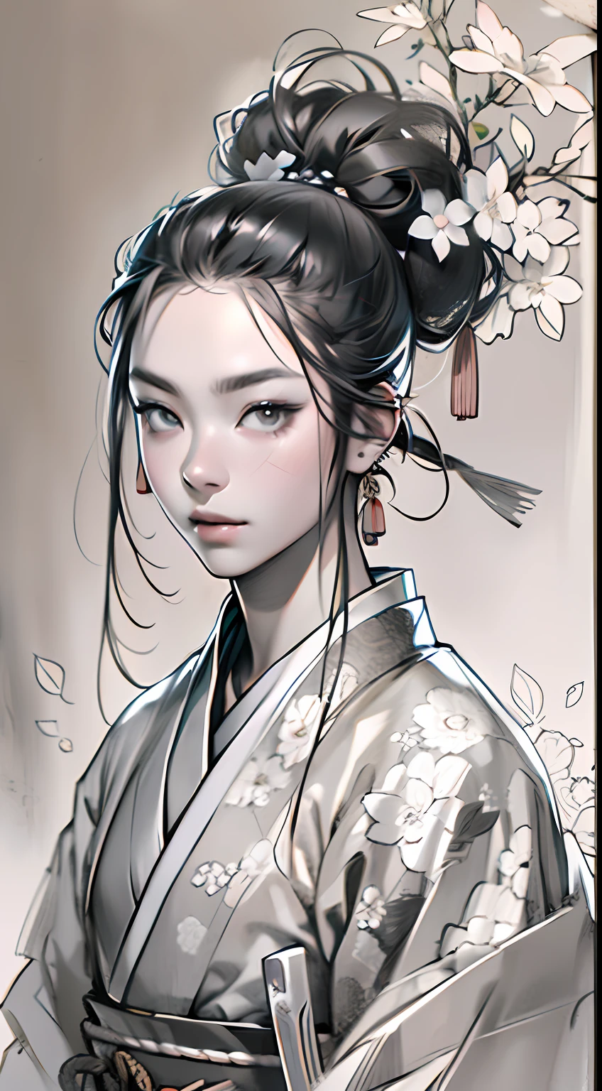 sketching,pencil drawing,Ponytail girl,There are small broken flowers on the head,Chinese ancient style,Samurai clothes,Black and white picture,super-fine,The hair is carefully described,The eyes are carefully portrayed,best qualtiy,8K分辨率,