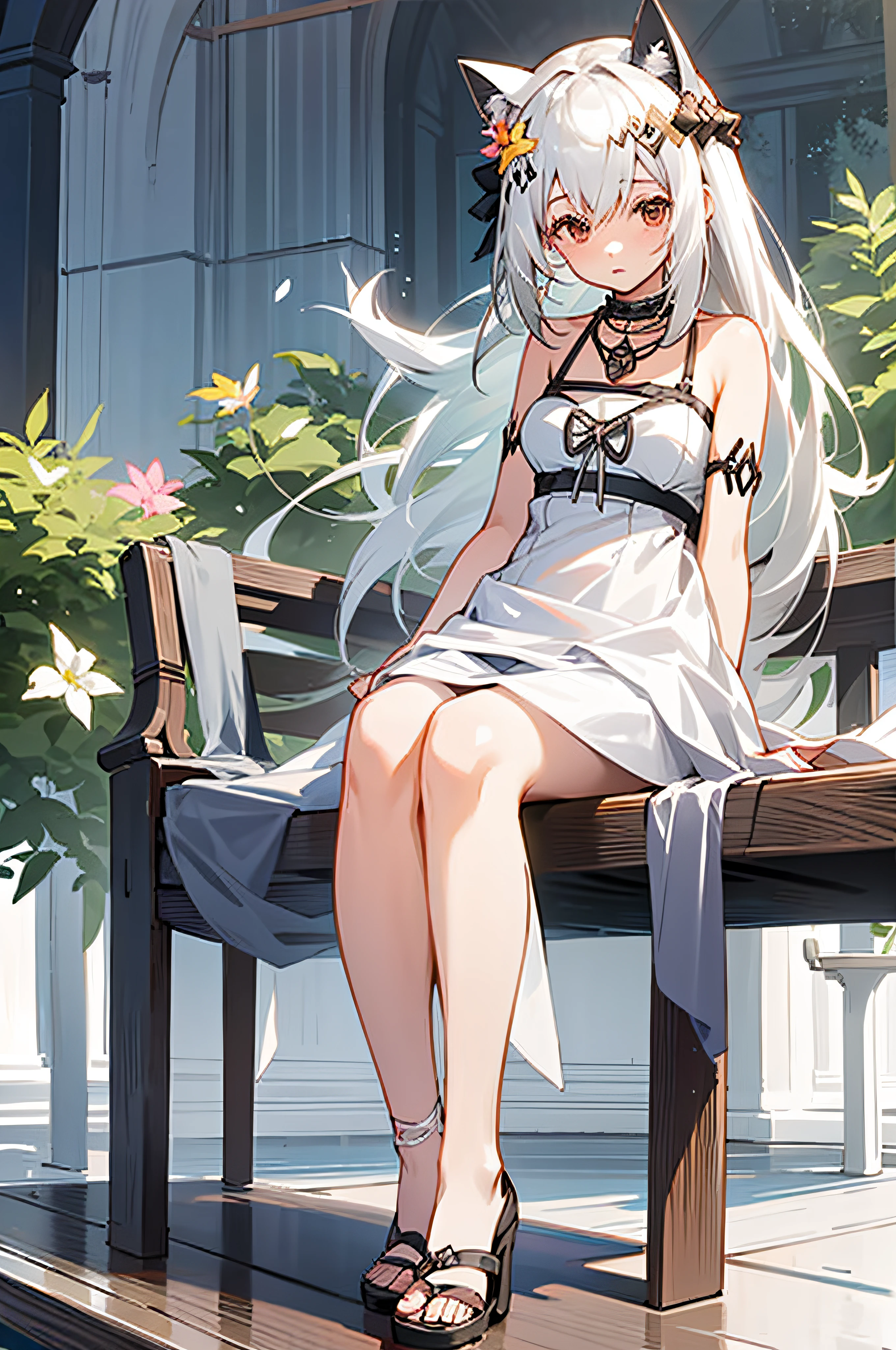 For the Stable Diffusion model，Here's what you've optimized for the Prompt you provide：

"Anime girl sitting on bench，Wears cute cat ears，Wearing a white dress，Silvery hair，Loli-style clothes，The perfect maiden with white Guvez hair，white haired Cangcang，Flowing white hair，Guvitz's work at Pisif Art Station，The image of a beautiful girl who pays attention to the details of her gray hair。"