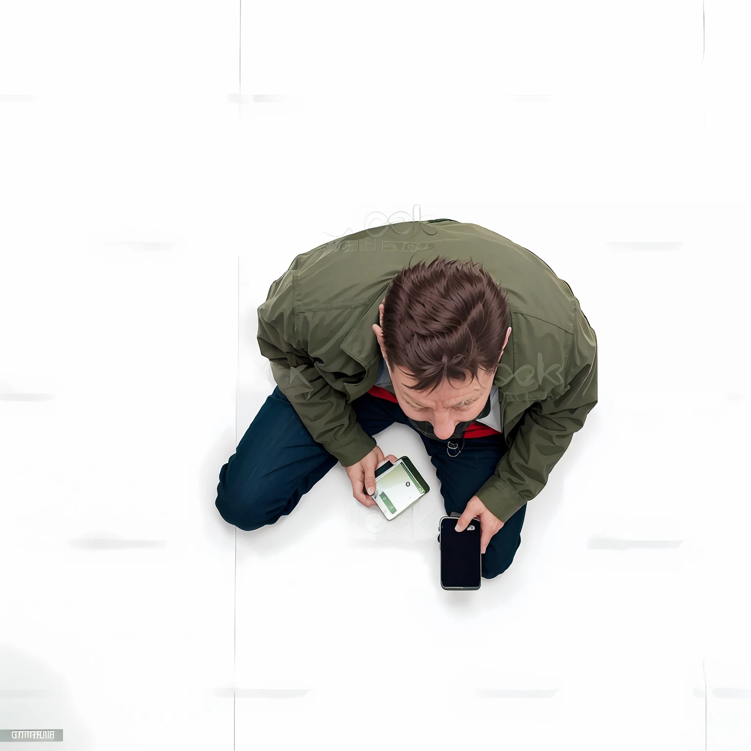 A man in a green jacket is looking down at his cellphone royalties – Fotor, looking at his phone, looking down on the camera, top - down photograph, kneeling and looking up, Looking down, taking from above, camera looking down upon, very high angle view, photographers, looking away from the camera, Not from the messenger above