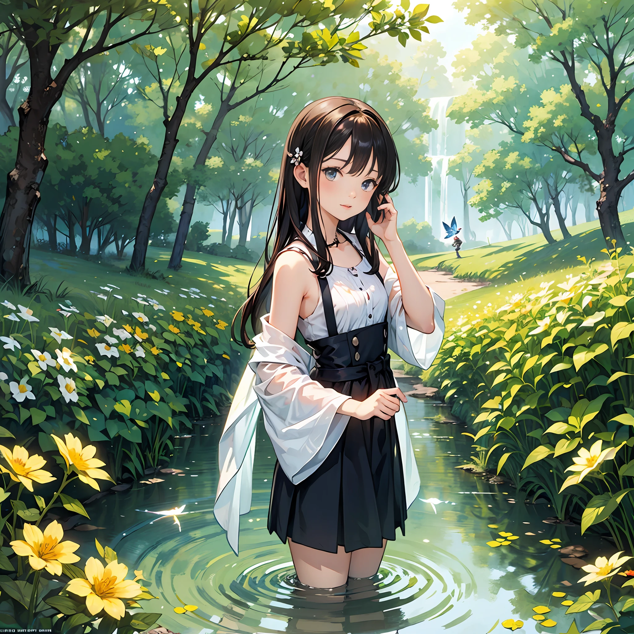 nature scenes,The girl who was secretly photographed,steins,sapling,small stream,bright flowers,Flying butterflies,rays of sunshine