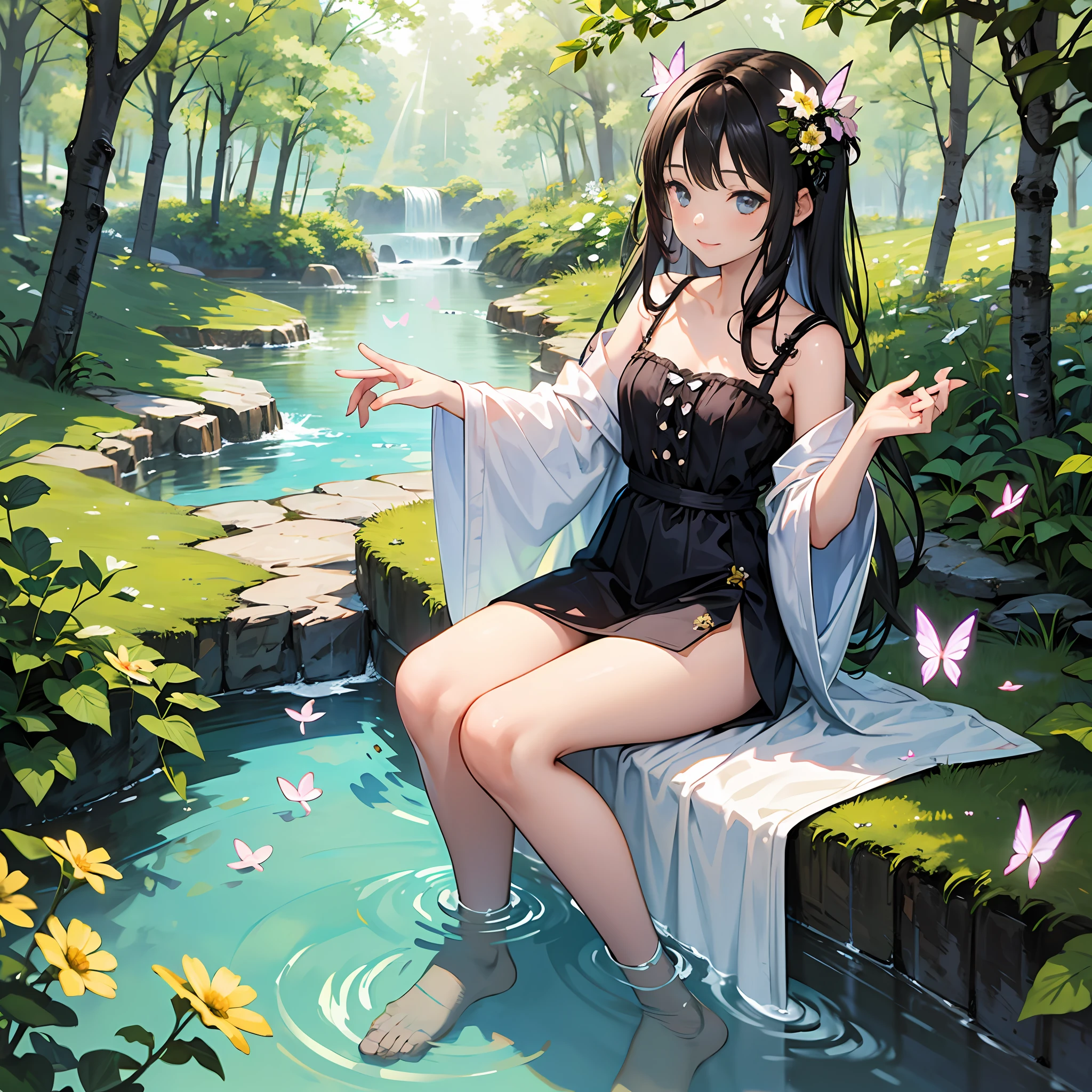 nature scenes,The girl who was secretly photographed,steins,sapling,small stream,bright flowers,Flying butterflies,rays of sunshine