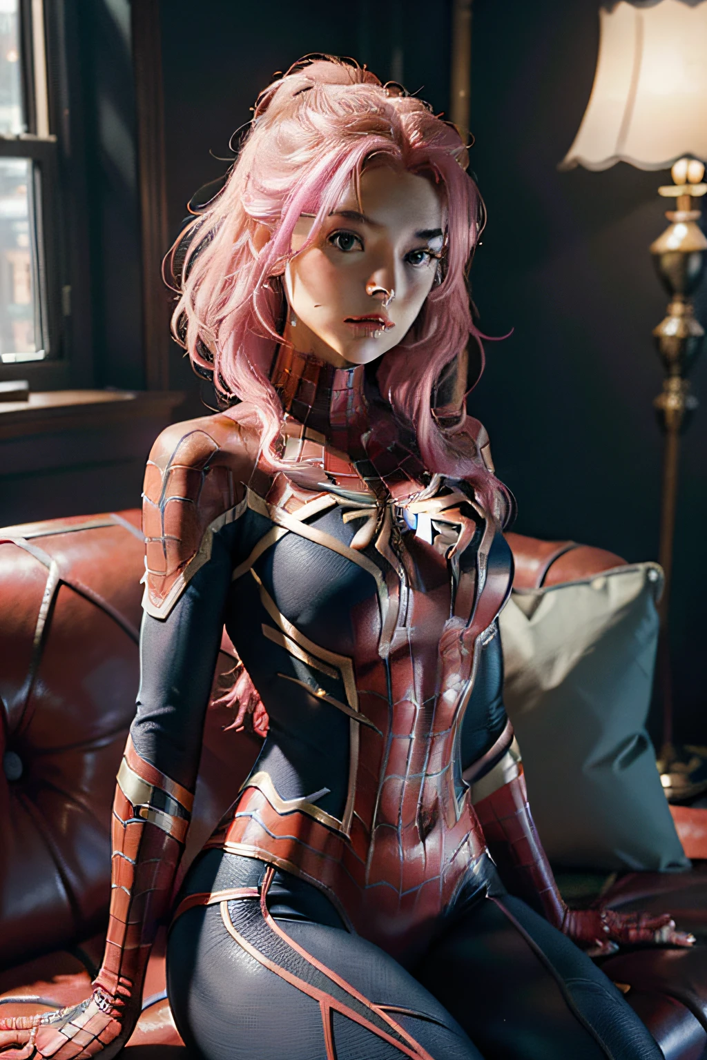 (CG Unity 8K wallpaper in extreme detail，tmasterpiece，Highest image quality)，(Delicate light and shadow，The picture is highly dramatic，Cinematic lens effect)，A girl in a pink Spider-Man costume，Dull pink hair color，From the Spider-Man parallel universe，Wenger，Marvel，Spidey，sitting in the couch，dynamicposes)，(Exceptional detail，The lighting effect is outstanding，Vista wide angle)，(Excellent rendering，Enough to stand out from the crowd)，The focus is on the pink Spider-Man costume，Complex spider textures，(Delicate face：2)