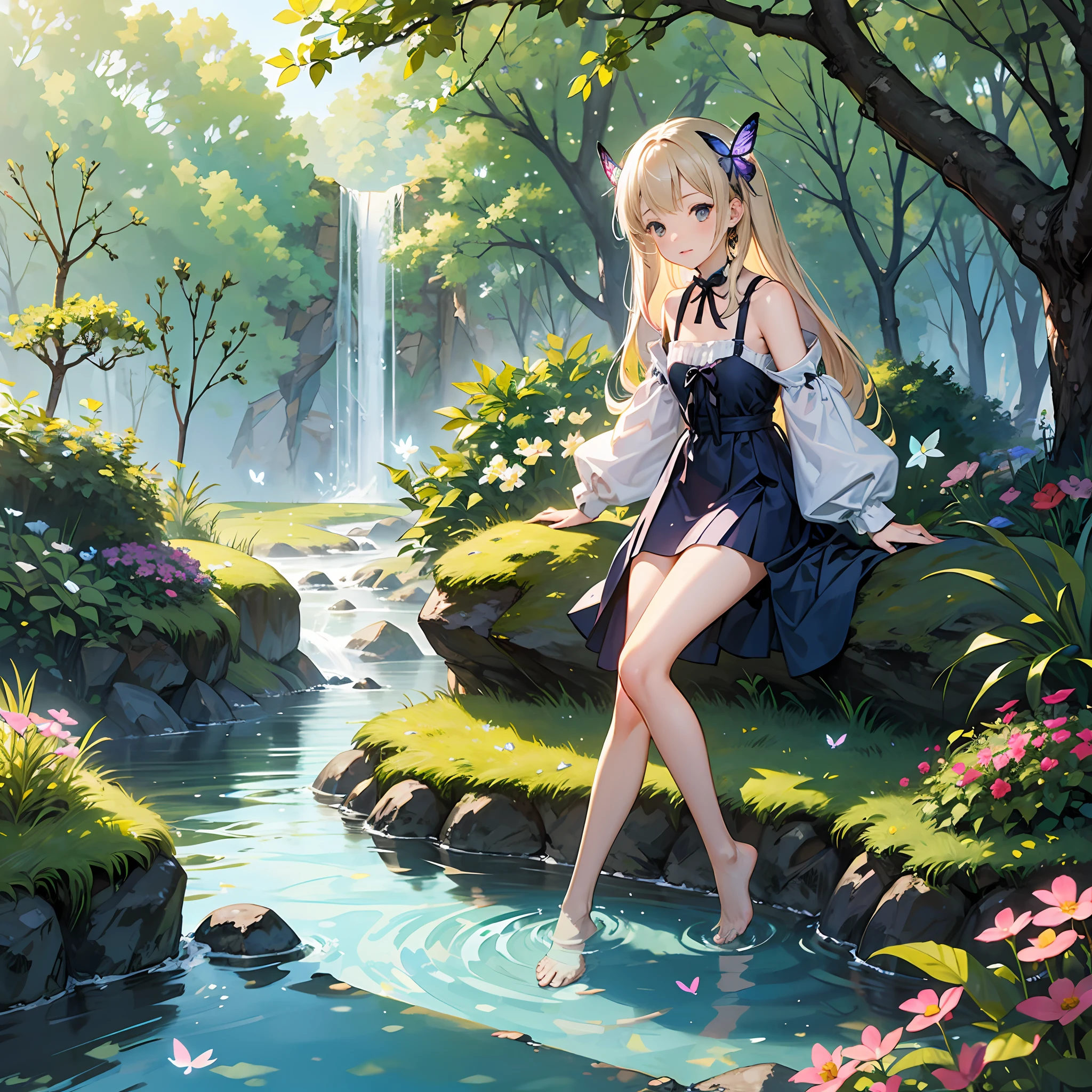 nature scenes,The girl who was secretly photographed,steins,sapling,small stream,bright flowers,Flying butterflies,rays of sunshine