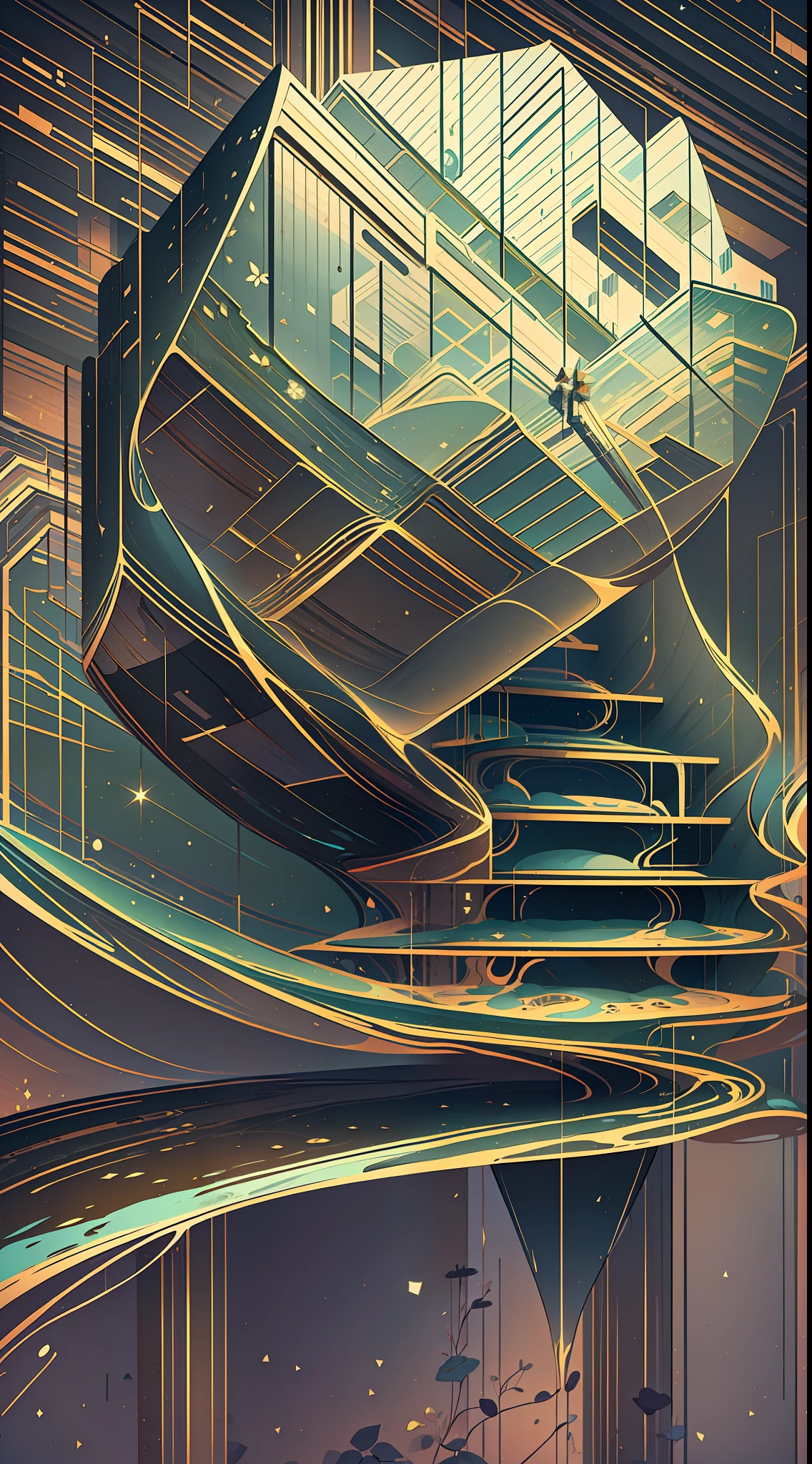 Consists of simple geometric shapes,planar,closeup cleavage,In fantastic installation style,Realistic and imaginative,hang/hang,Multi-layered collage,metals,highlight,Divergence