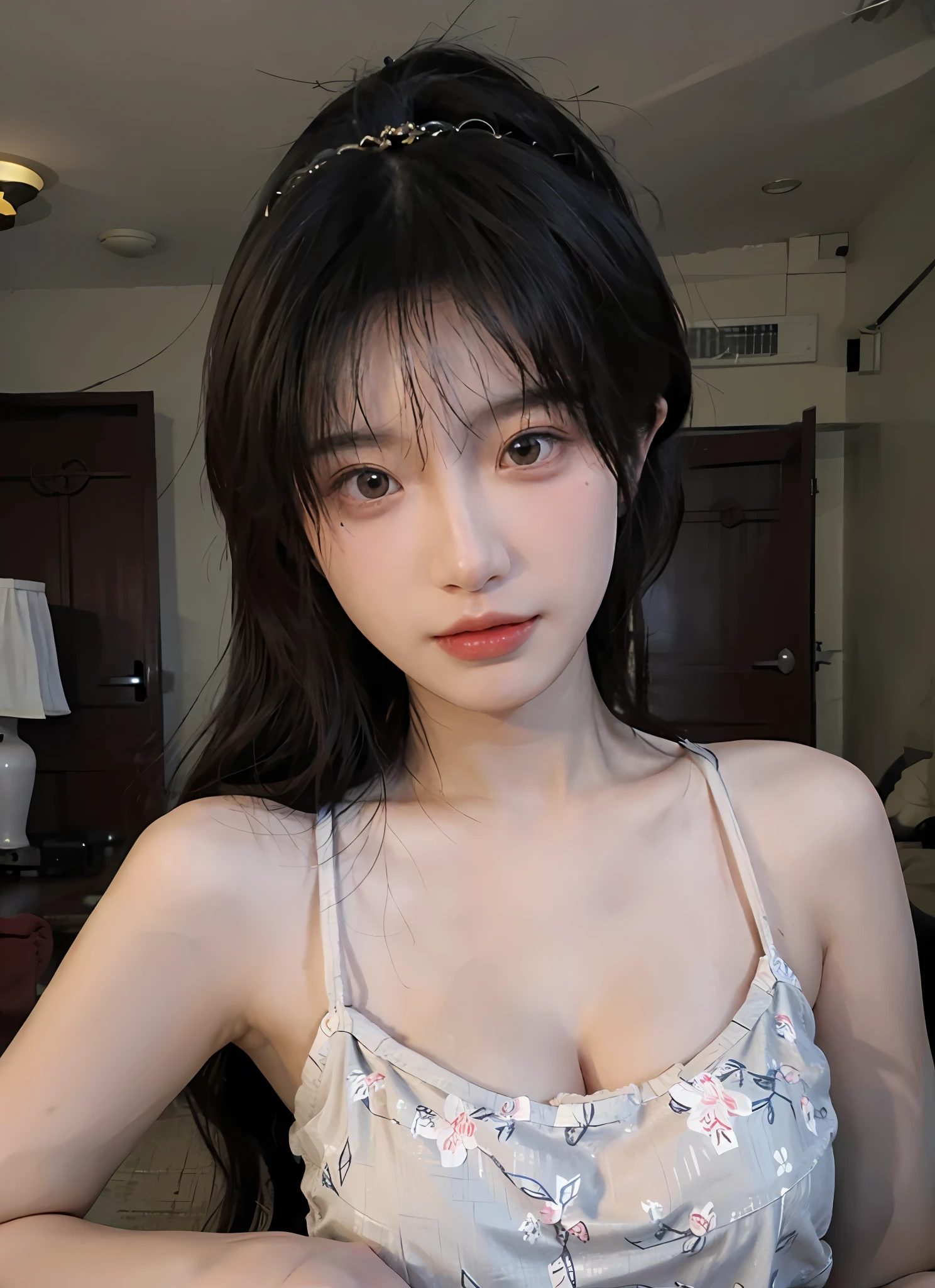 best qualtiy, 超高分辨率, (realisticlying:1.4), one-girl, A pair of clear and moving peach blossom eyes,Royal Sister,a sense of atmosphere,a beauty girl, (Huge room:1.4), looking at viewert, closeup cleavage ,