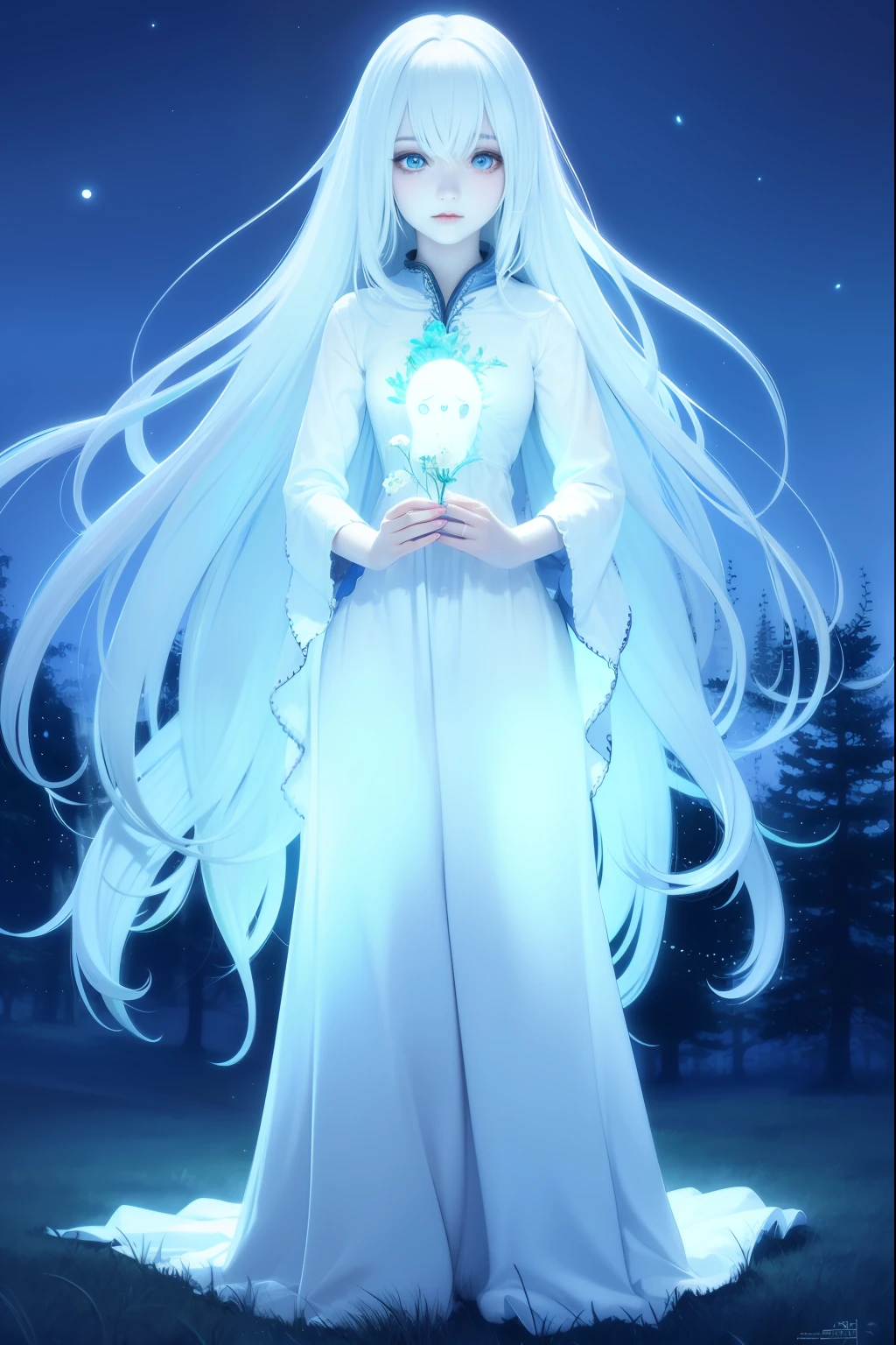 Beautiful ghost girl, in full height, stands against the backdrop of a night forest, By the light of the moon, Long white hair, Sad look, glows blue, Glow Blue Eyes, Detailed study, realistic illustration