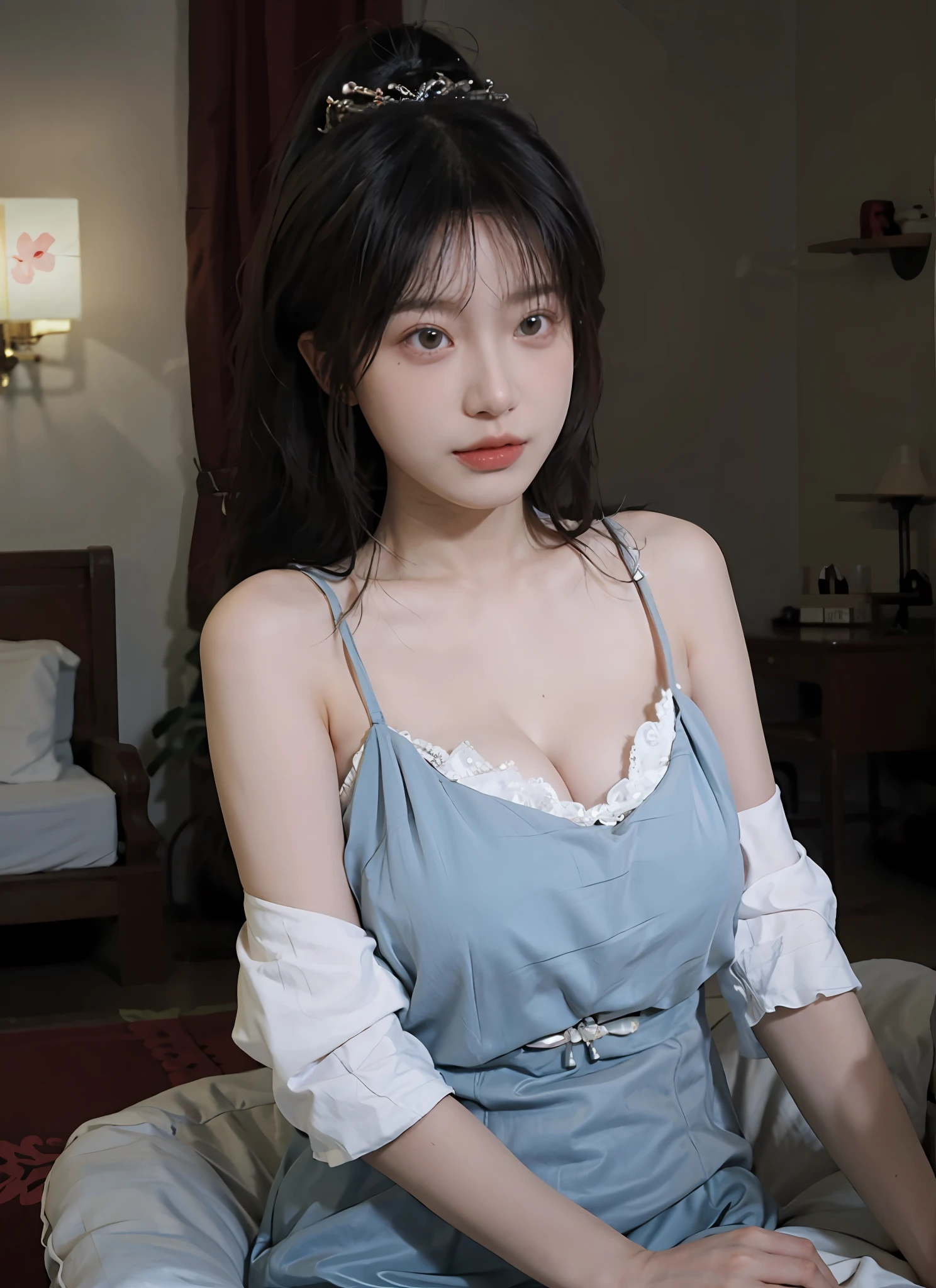 best qualtiy, 超高分辨率, (realisticlying:1.4), one-girl, A pair of clear and moving peach blossom eyes,Royal Sister,a sense of atmosphere,a beauty girl, (Huge room:1.4), looking at viewert, closeup cleavage ,