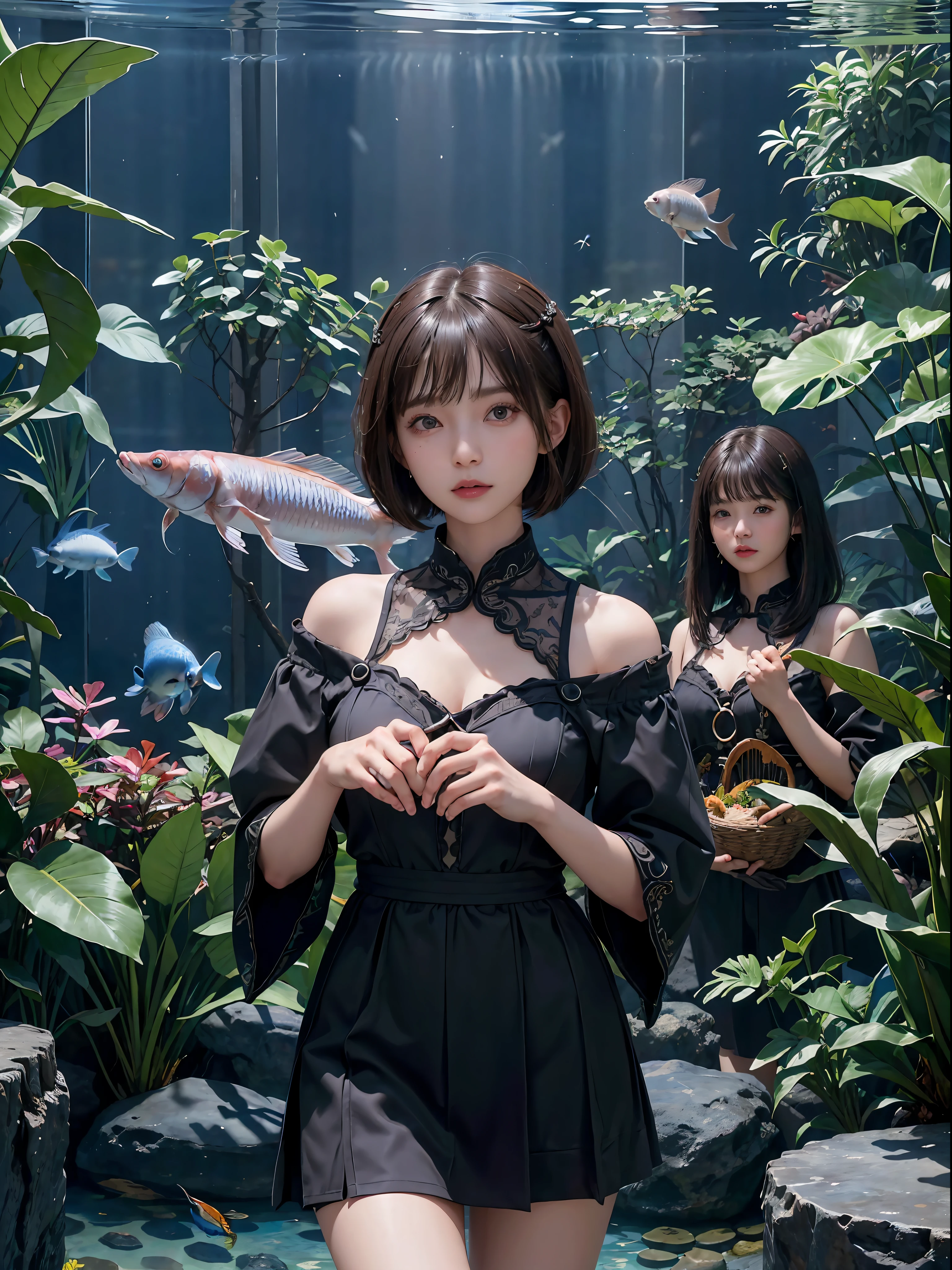 (((a 20 yo woman)))、((aquariums))、​masterpiece, 1 beautiful girls, (((very_Short_hair))), Eye details, Swollen eyes, Top image quality, 超A high resolution, (Realistis: 1.4), OriginalPhotographs, 1girl in, Cinematographic lighting, japanes, very beautif, Beautiful skins, (A hyper-realistic), (hight resolution), (8 K), (ighly detailed), (The best illustrations), (beautifully detailed eyes), (ultra-detailliert), A detailed face, look at a camera, Facing straight ahead, Neat Clothing, shorth hair、A dark-haired、46-point diagonal bangs、((aquariums))、Lots of fish、tropical fish