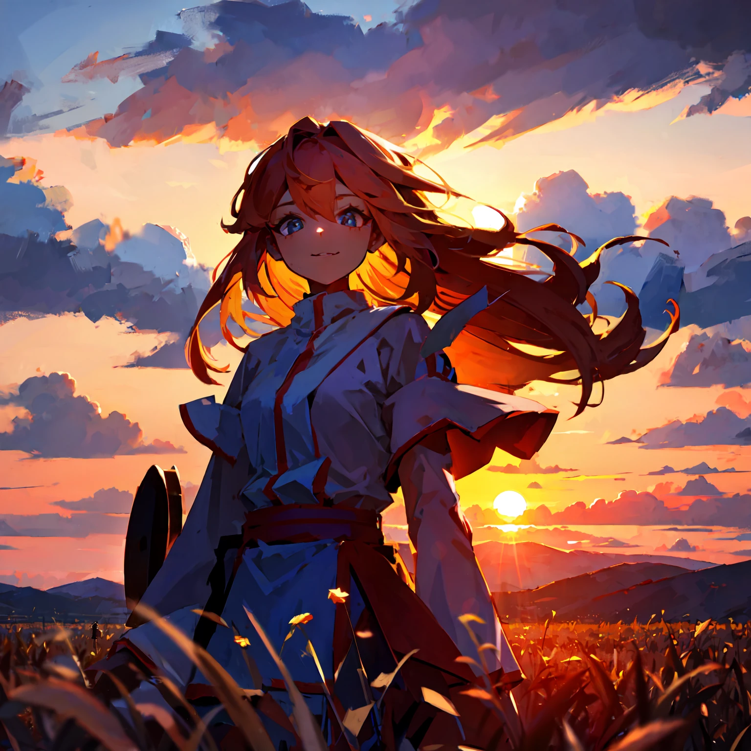 girl standing in field, closeup, portrait, clouds, sunrise