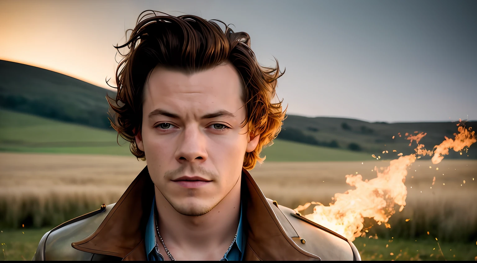 Tiro de retrato refletor de Djinn em Wildflower Meadow, fotorrealista, Harry Styles, cinematic lighthing, volumeric lighting, atmosfera escura, carro voando atras