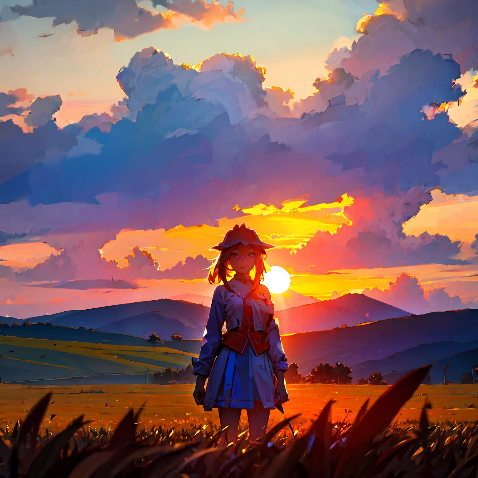girl standing in field, closeup, portrait, clouds, sunrise