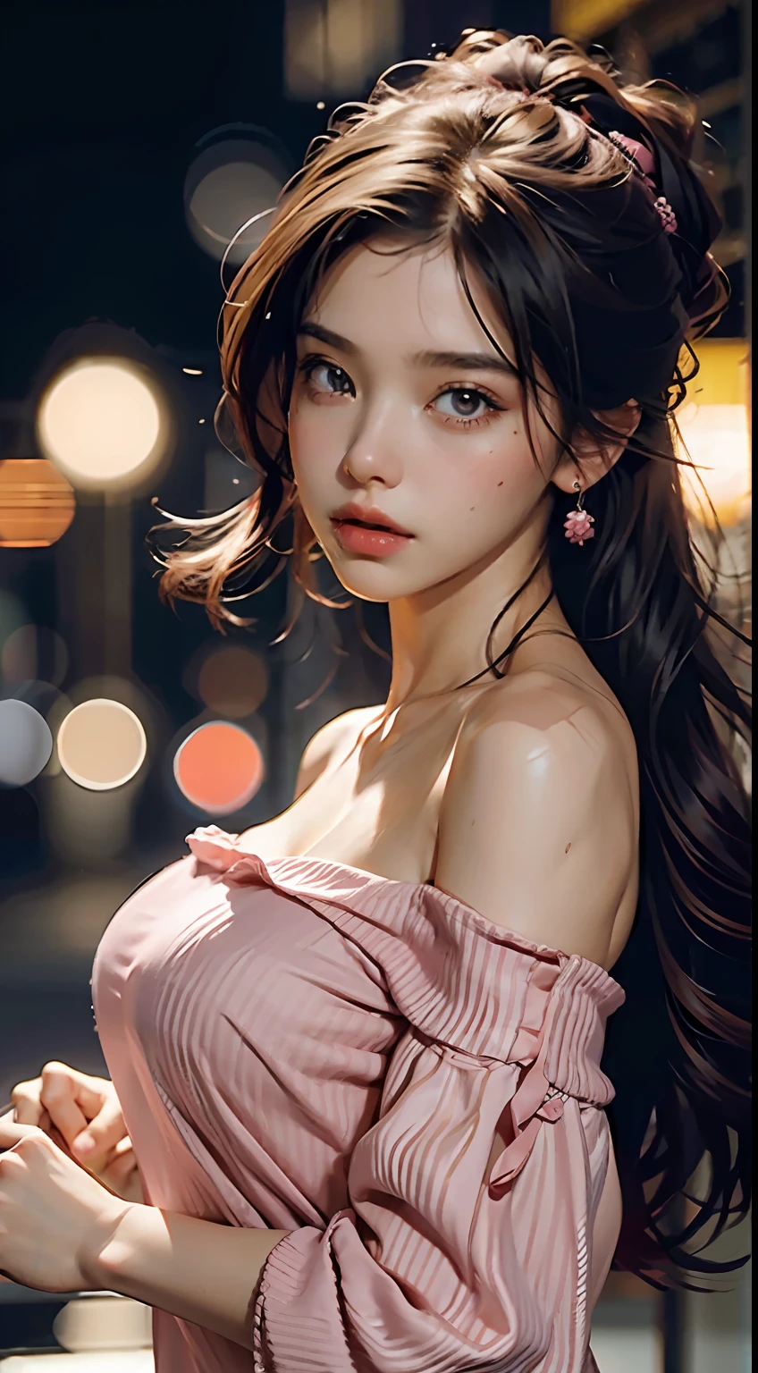 Best Quality, Masterpiece, Ultra High Resolution, (Realisticity: 1.4), Original Photo, 1girl, Pink Off-the-Shoulder, Cinematic Lighting