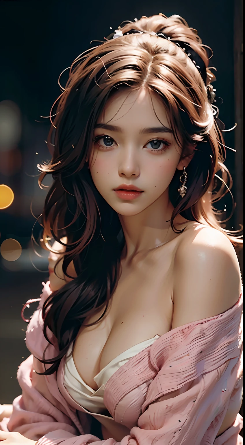 Best Quality, Masterpiece, Ultra High Resolution, (Realisticity: 1.4), Original Photo, 1girl, Pink Off-the-Shoulder, Cinematic Lighting