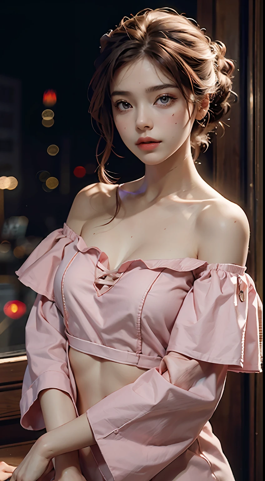 Best Quality, Masterpiece, Ultra High Resolution, (Realisticity: 1.4), Original Photo, 1girl, Pink Off-the-Shoulder, Cinematic Lighting