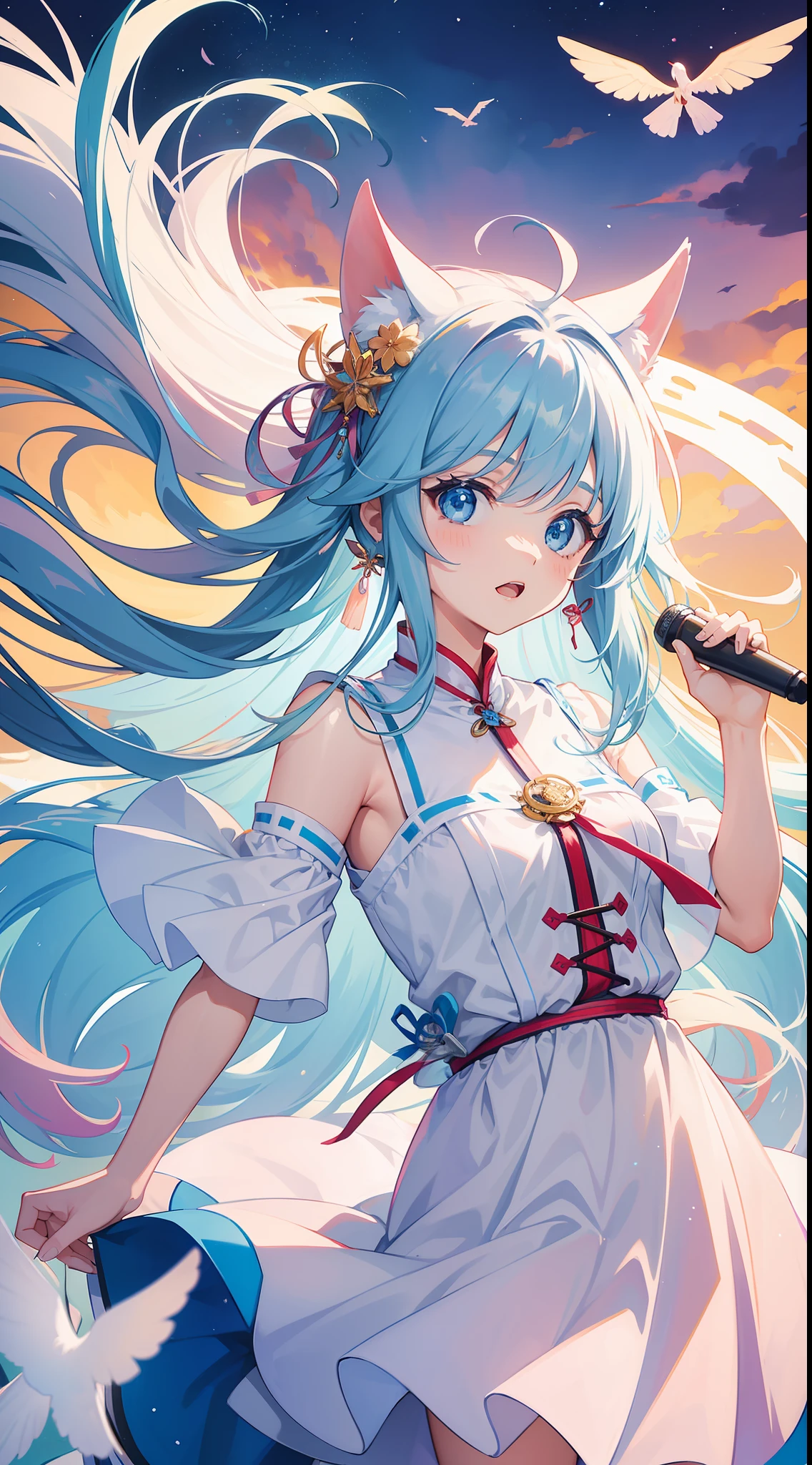 Girl in a dream。I have long colorful hair。Wearing white clothes。It's a rock band。I'm singing a song。Notes flying around。It is an illustration of the highest quality