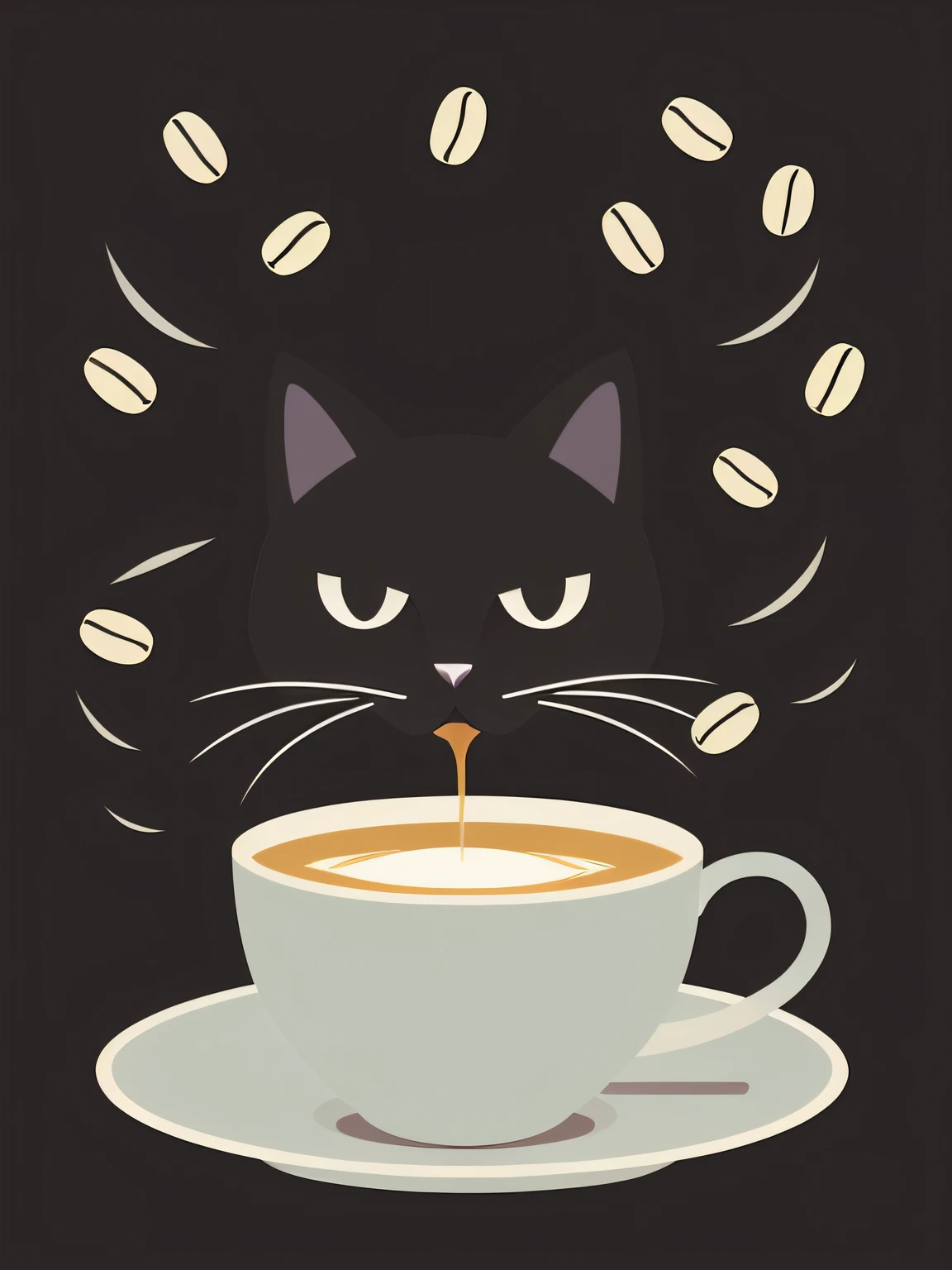 Vector-art cartoon-style of an (angry cat sipping from a cup of coffee: 1.3). Give the cat big round eyes and a smirking smile to convey its delight. The cup can have a friendly and approachable design, with decorative elements like hearts or coffee beans. Add subtle shading and highlights to give the illustration depth and dimension. Use a warm color palette to evoke the cozy feeling of enjoying a cup of coffee, isolated, black background