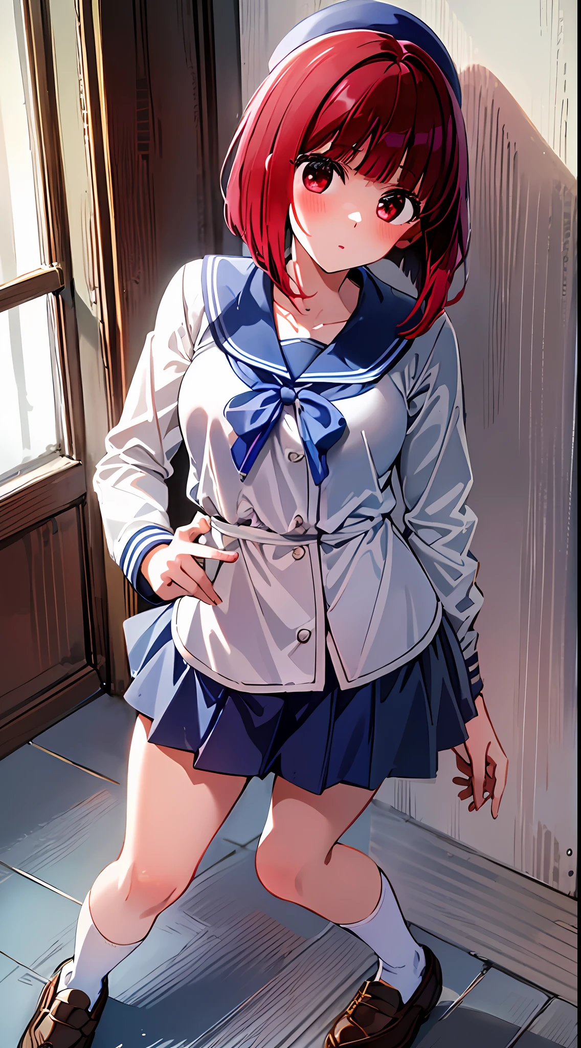 Winter, main girl is beautiful and cute, traditional uniform, navy blue sailor suit, "neat and bright uniform coordination", full body, full body illustration, best illustration, realistic and elaborate uniform, high school uniform, elementary school student, ((highest quality)), ((masterpiece)), (detail: 1.4), anatomical, award-winning concept art, beautiful, fine details, portrait, looking viewer, (full body view) ), 1 girl, full body, solo, 6 years old, elementary school student, child actor, red hair, red hair, short hair, red eyes, big eyes, cute underwear, panties, long skirt, silk material panties, skirt lift, blush, classroom, belly button out, clothes lift, easy background, lifting clothes, white shirt, uniform, sailor suit, Japan cute uniform, look away, ****, elementary school, The main girl is beautiful and cute, ****, baby face, cute, young, young appearance, fantastic visual depiction, professional effect, beautiful girl, petite girl, unevenness, absurdity, unevenness, the oldest girls' school Japan based on Christianity along with the girls' school for uniform, "very cute with traditional uniform", "very cute sailor suit for both summer and winter clothes", loafers, red hair, Red eyes, traditional uniform, neat and clean coordination, "In line with our school's educational policy of "nurturing independent women", the beauty of intelligent and dignified women is expressed in uniforms.