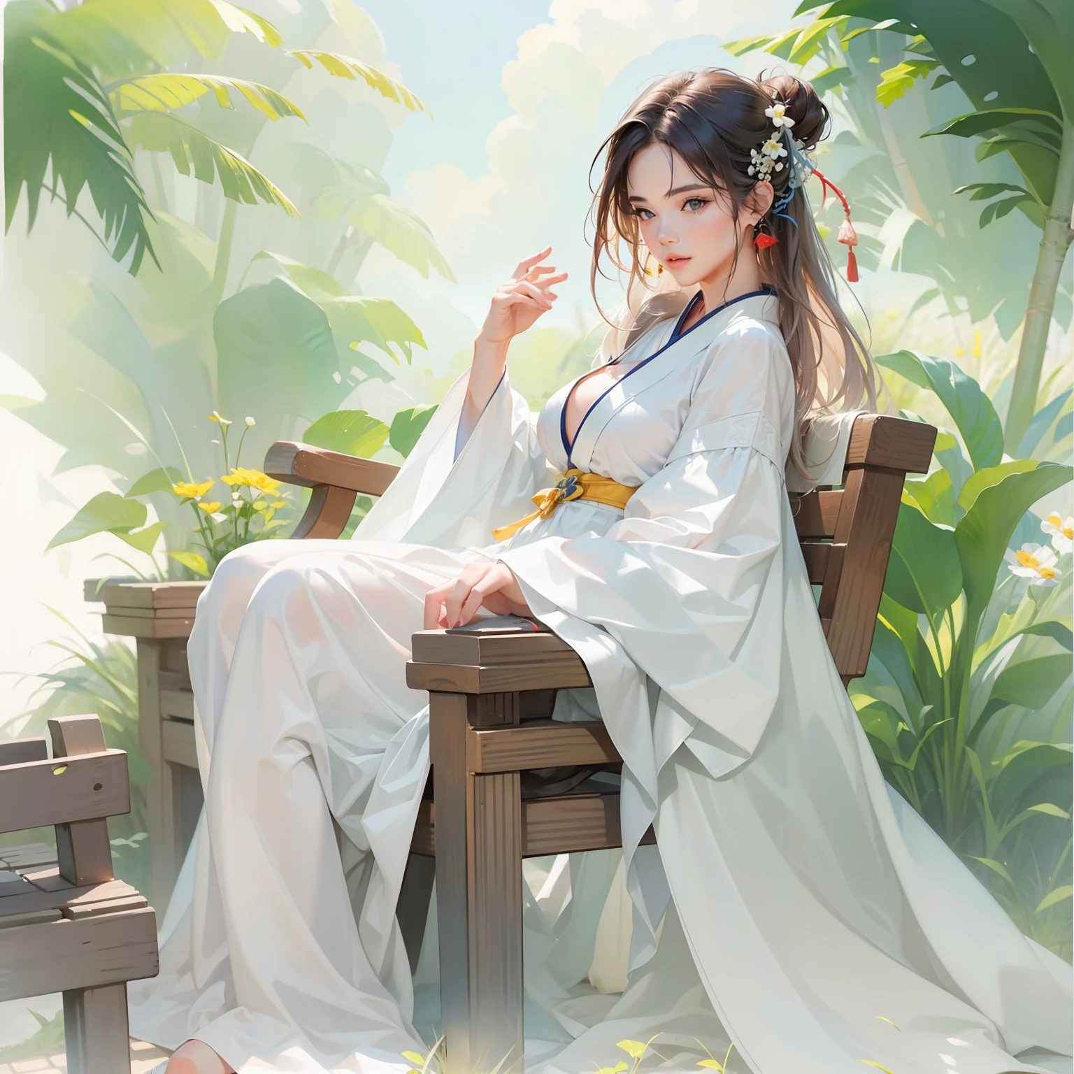 (best quality), (masterpiece), (1girl), solo, beautiful girl, perfect face, perfect body, big breast, sexy Hanfu, white Hanfu, sunny, windy, sitting on the chair, watercolor, posing like model