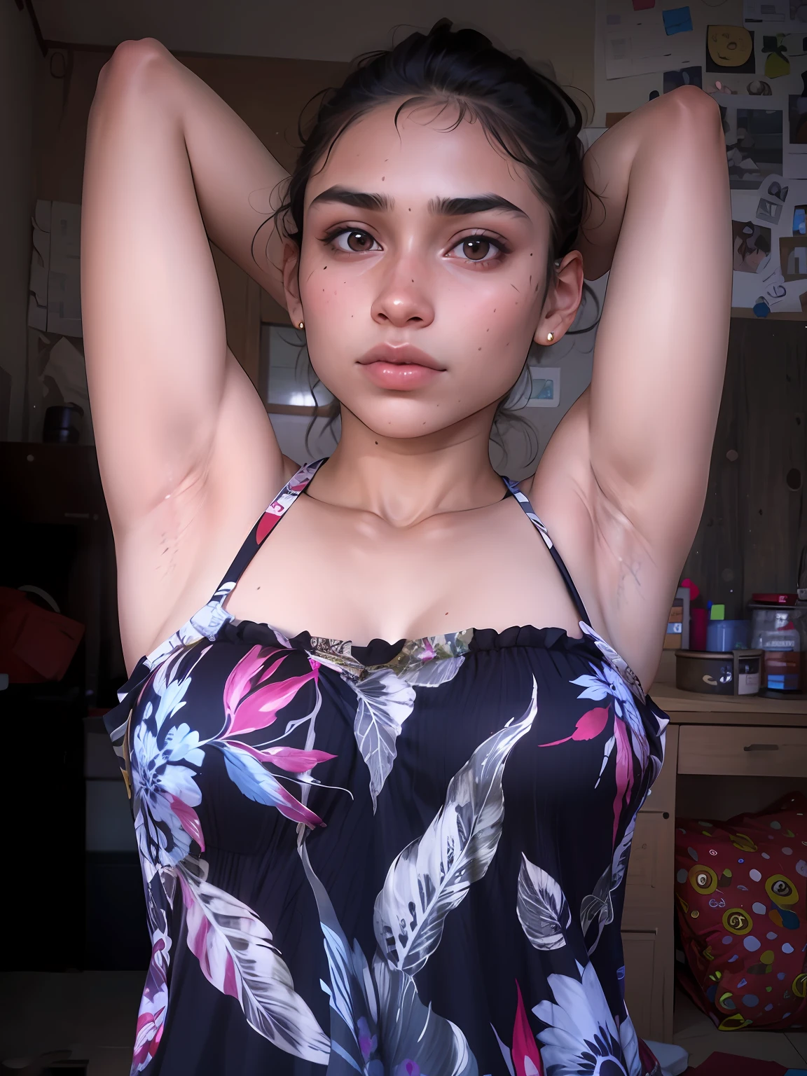 there is a woman that is posing for a picture in a tanktop, armpit, around 19 years old, hairy arms, with arms bare, indian girl with brown skin, with arms up, around 20 yo, she is about 20 years old, she is about 20 years old, she is about 16 years old, sweaty skin!!