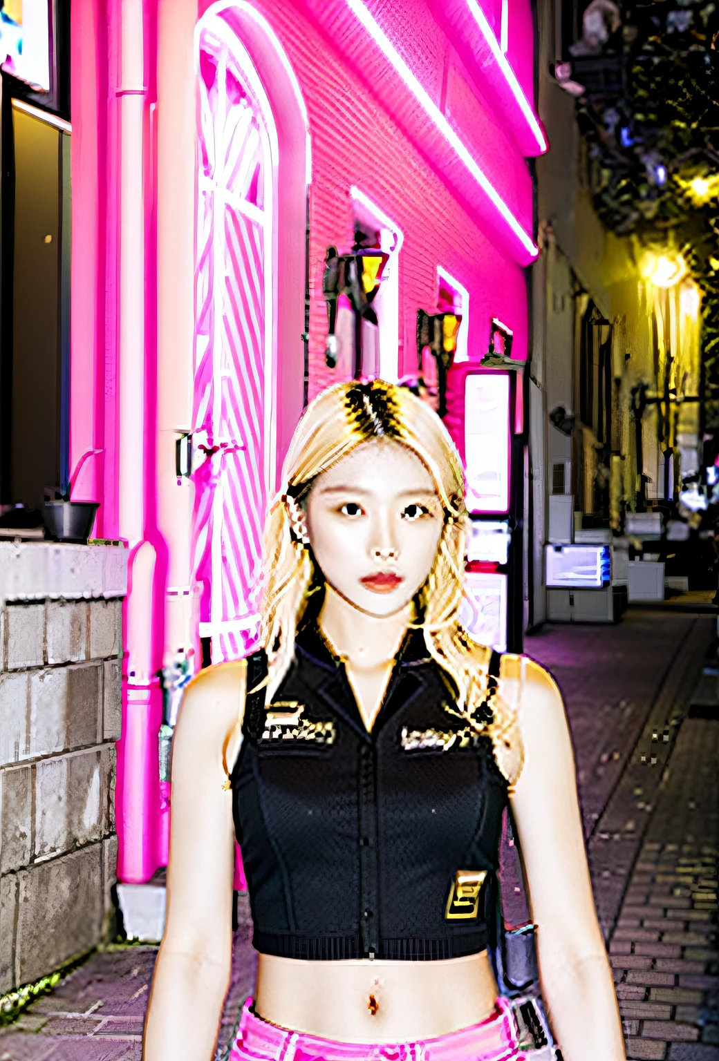 Keep the face of the original photo,The figure turns into a blond shawl, has long hair and wears a pink skirt,The background turns solid pink,The character skin is white in color