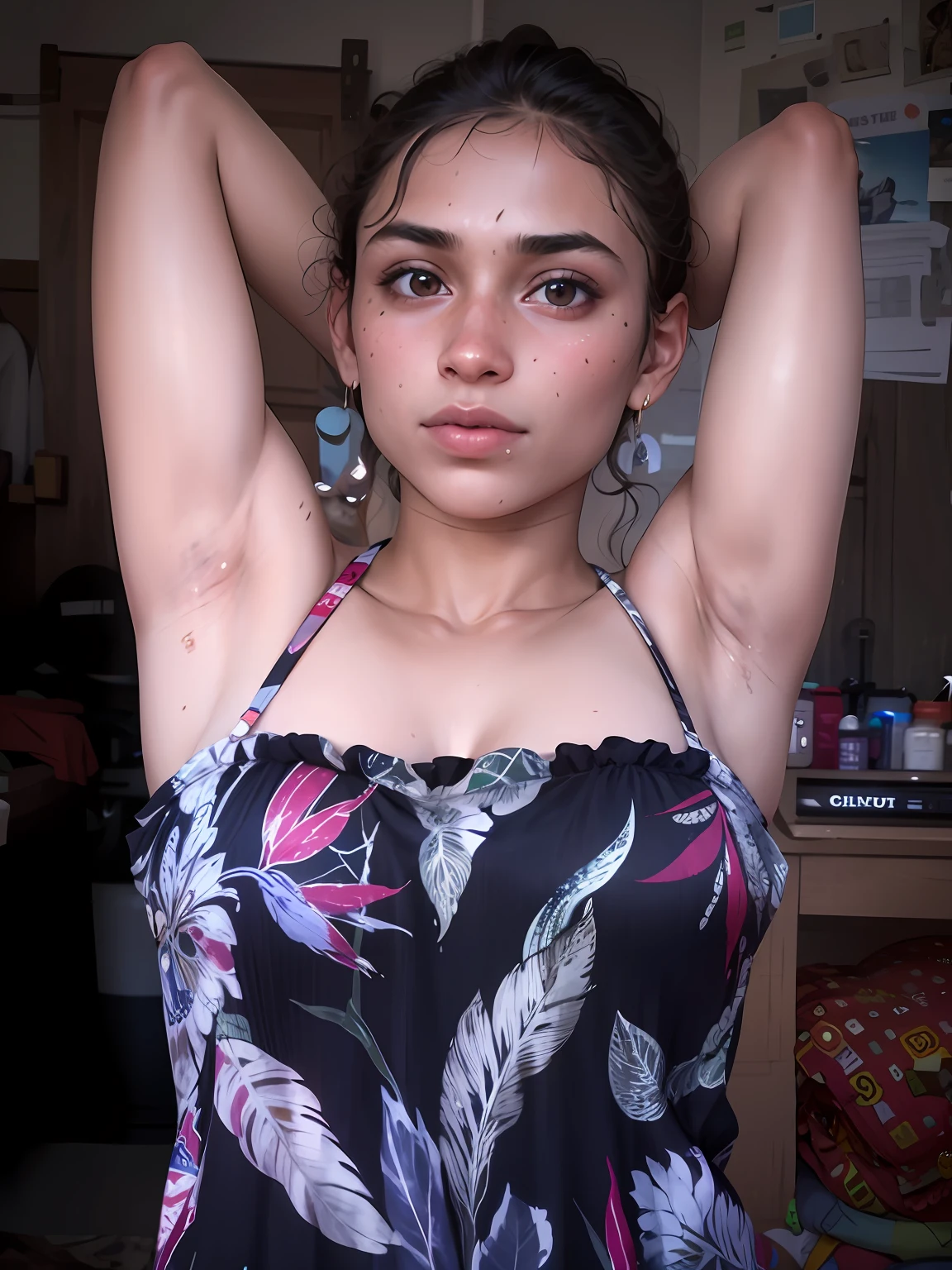 there is a woman that is posing for a picture in a tanktop, armpit, around 19 years old, hairy arms, with arms bare, indian girl with brown skin, with arms up, around 20 yo, she is about 20 years old, she is about 20 years old, she is about , sweaty skin!!