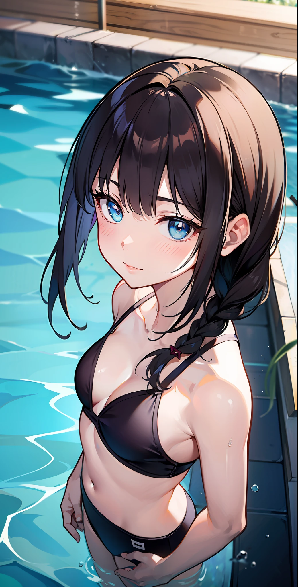 tmasterpiece,best qualtiy,tmasterpiece,best qualtiy,offcial art,the Extremely Detailed CG Unity 8K Wallpapers,traditional_Mediums,Kizi,Single braid,black hair band,long whitr hair,whaite hair,eBlue eyes,Small breasts,School swim wear,is shy,swimmingpool,Short braids,From above