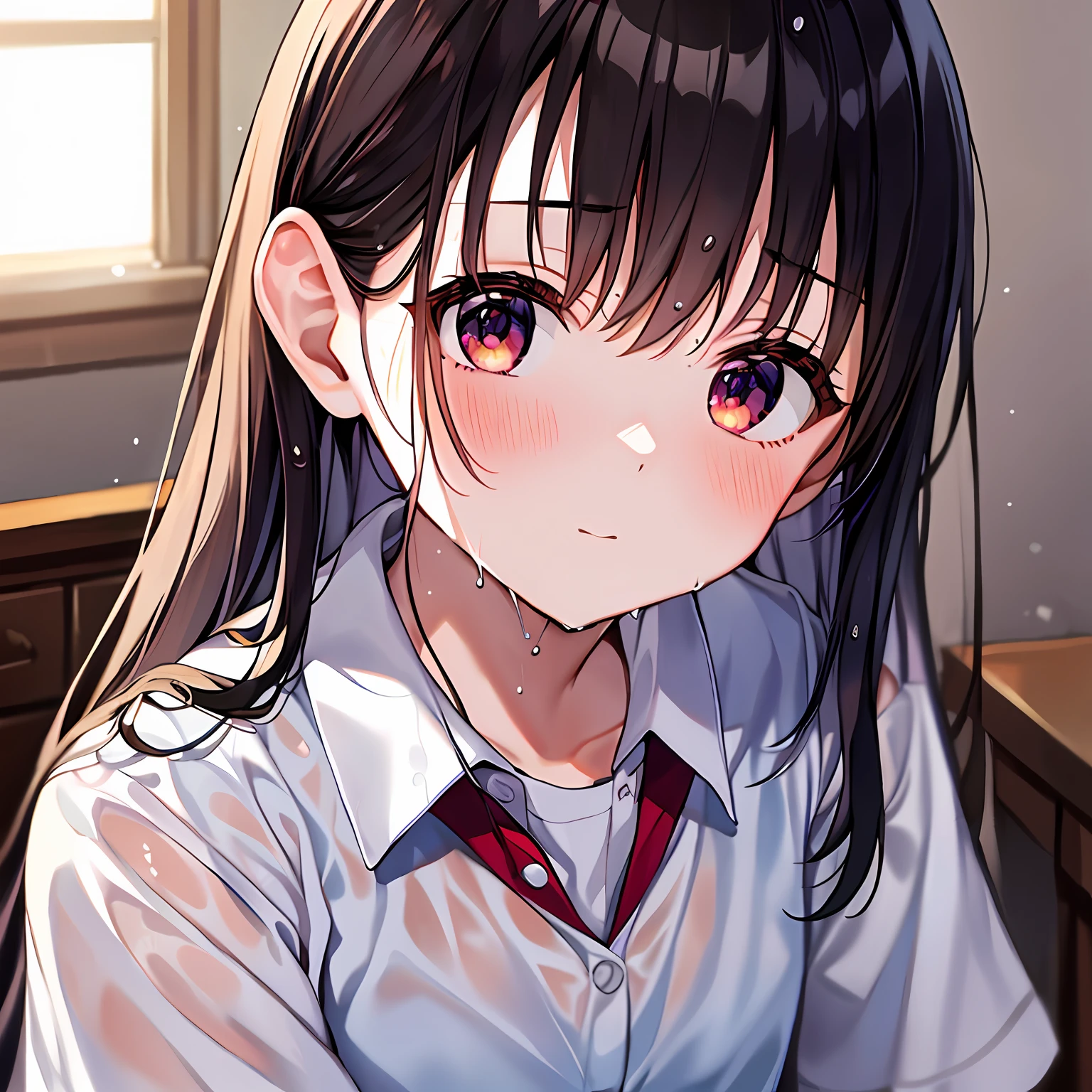 younger sister、Wearing a school uniform、Wet、8K、top-quality、14years、Looking at the camera、Cheeks red、I'm embarrassed、Delicate hand、Room、I like my brother、Put your brother's hand on your chest