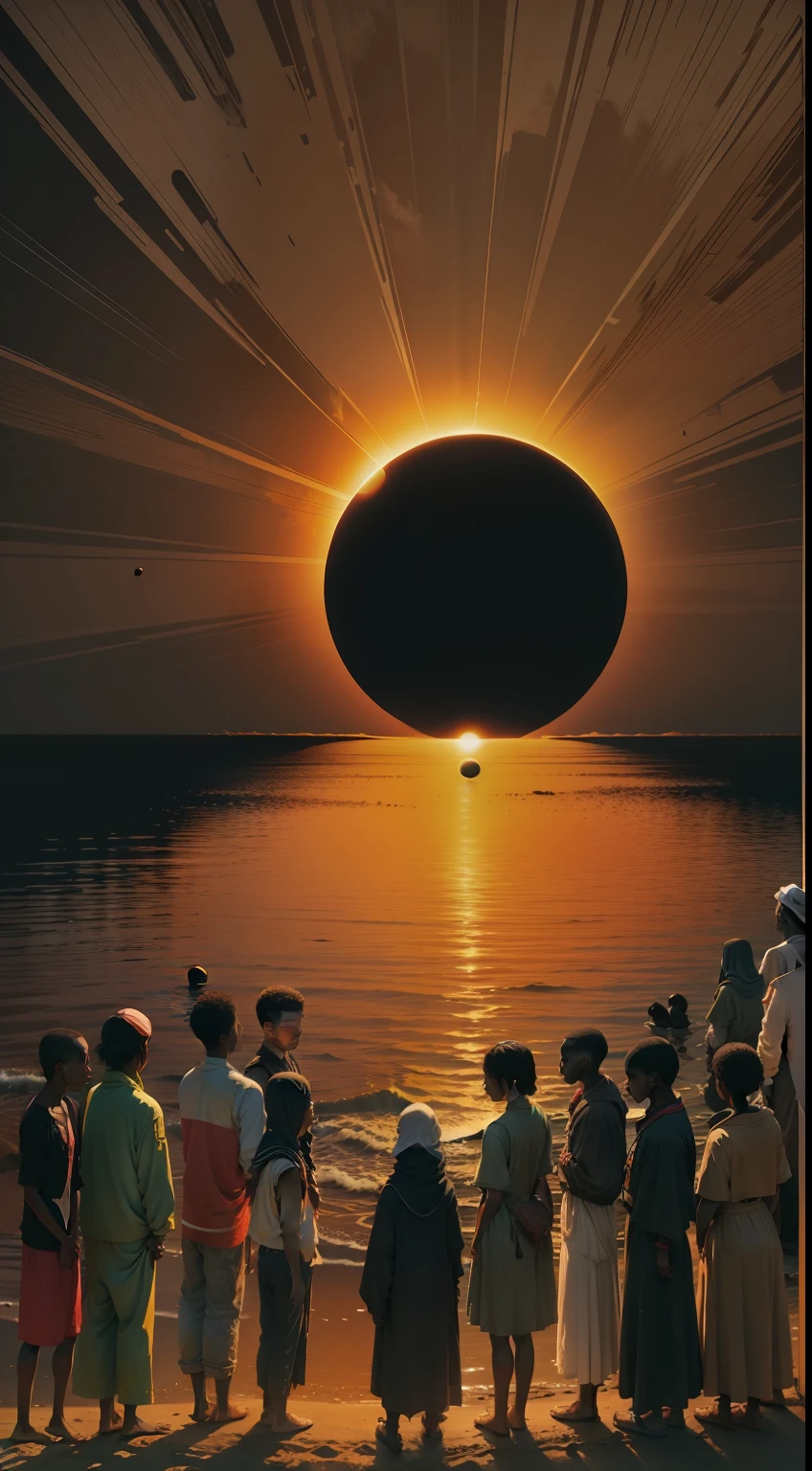A half black sun, and people on land, looking at the sun.