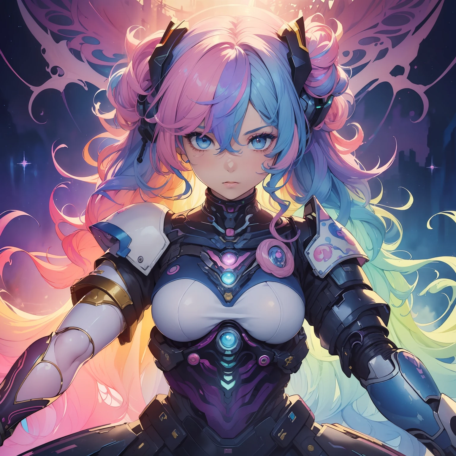 (​masterpiece、top-quality、top-quality、watercolor paiting(Curly)、Official Art、Beautifully Aesthetic:1.2)、(1girl in:1.3)、(cyborgs、Mobile Armor:1.3)、(Fractal art:1.3)、full bodyesbian、Detailed hand、detailed arms、patterns、(rainbow-colored hair、colourful hair、Half blue and half pink hair:1.2)、(kosmos:1.3）