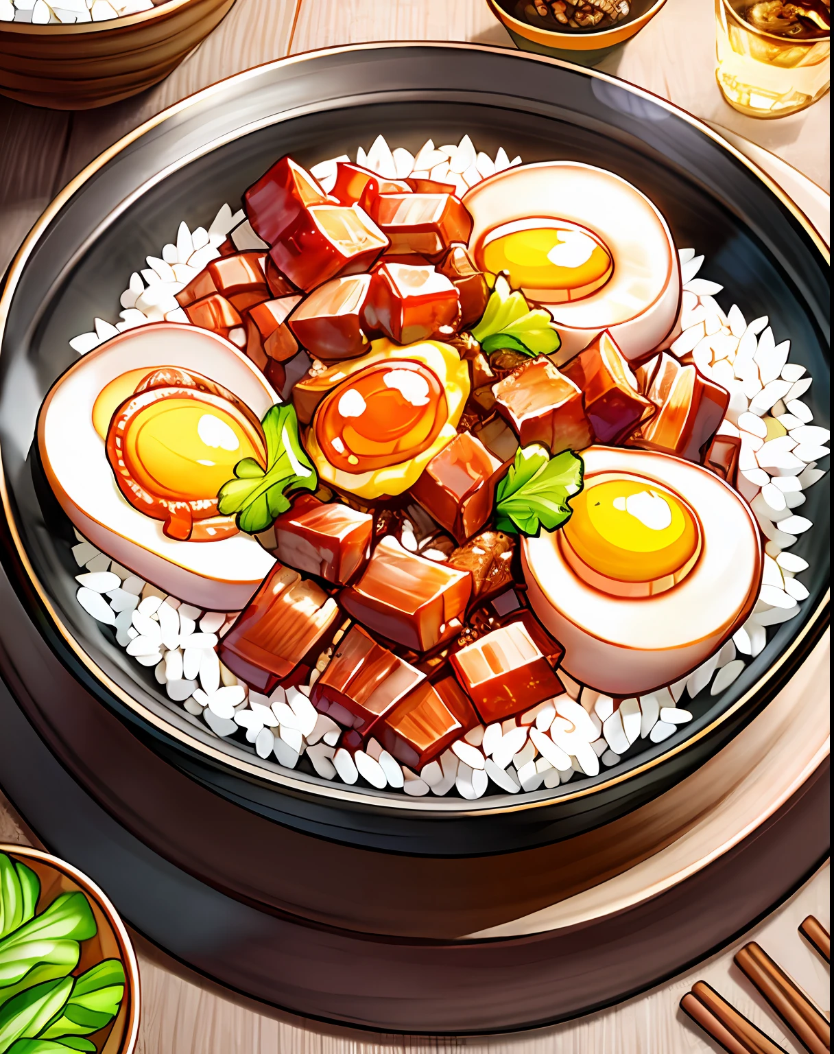 a bowl of braised pork rice, egg, vegetable, ((masterpiece)),illustration,high detail, soft lighting, delicious, colorful, aesthetically pleasing, studio lighting, trending