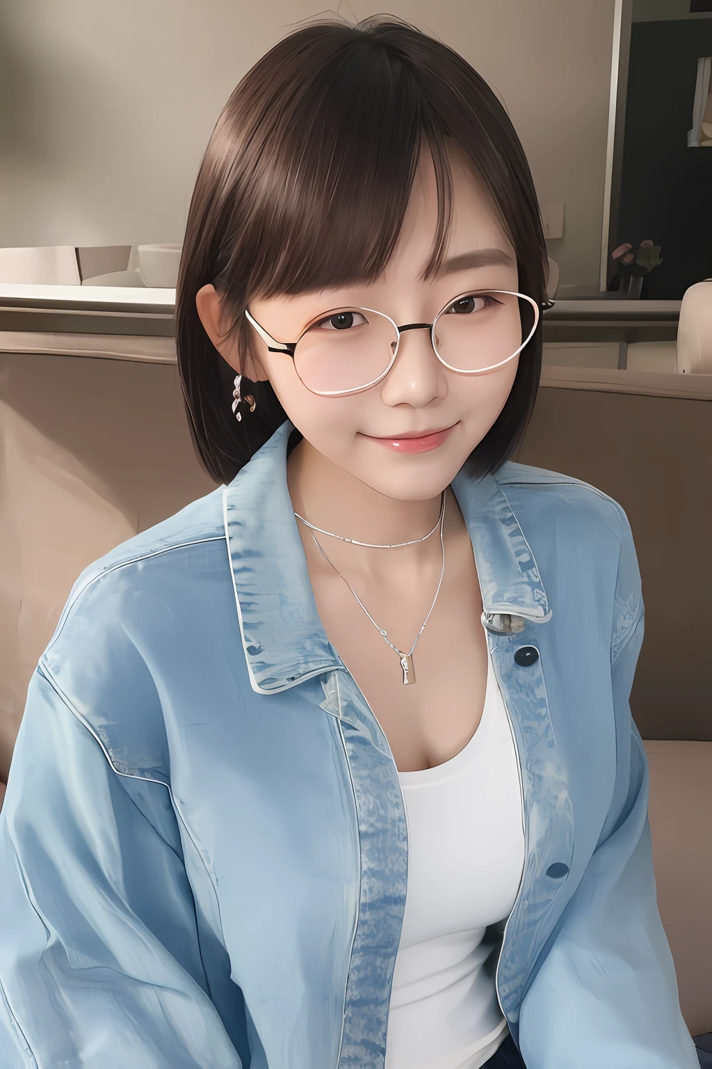 Smiling Minchen，absurderes，Keep your mouth shut，Balanced eyes，（Best quality details：1.2），realisticlying，8K high-definition，ultra - detailed，High-quality textures，Complicated details，detailed textures，finely detailled，high detal，VerydetailedCG，High-quality shadows，Delicate, beautiful and delicate face，（Delicate, beautiful, delicate eyes：1.32），depth of fields，Ray traching，（A beautiful 25 year old cute Japanese lady：1），smallunderboob，High female，beautifullegs，Glowing eyes，Blushlush，Perfect body petite，As thin as a whipping post，Blurry outdoor background，Silver skinny Bra，Blue taste denim jacket，cardigan coat：1.1，[brown skirt]：1，short detailed hair，cozy living room，rays of sunshine，sitting in the couch，耳Nipple Ring，choker necklace，mannequin，looking at viewert，dynamicposes，耳Nipple Ring，choker necklace，mannequin，looking at viewert，From the side Side，dynamicposes，frontage，Wear eyebrow-rimmed glasses