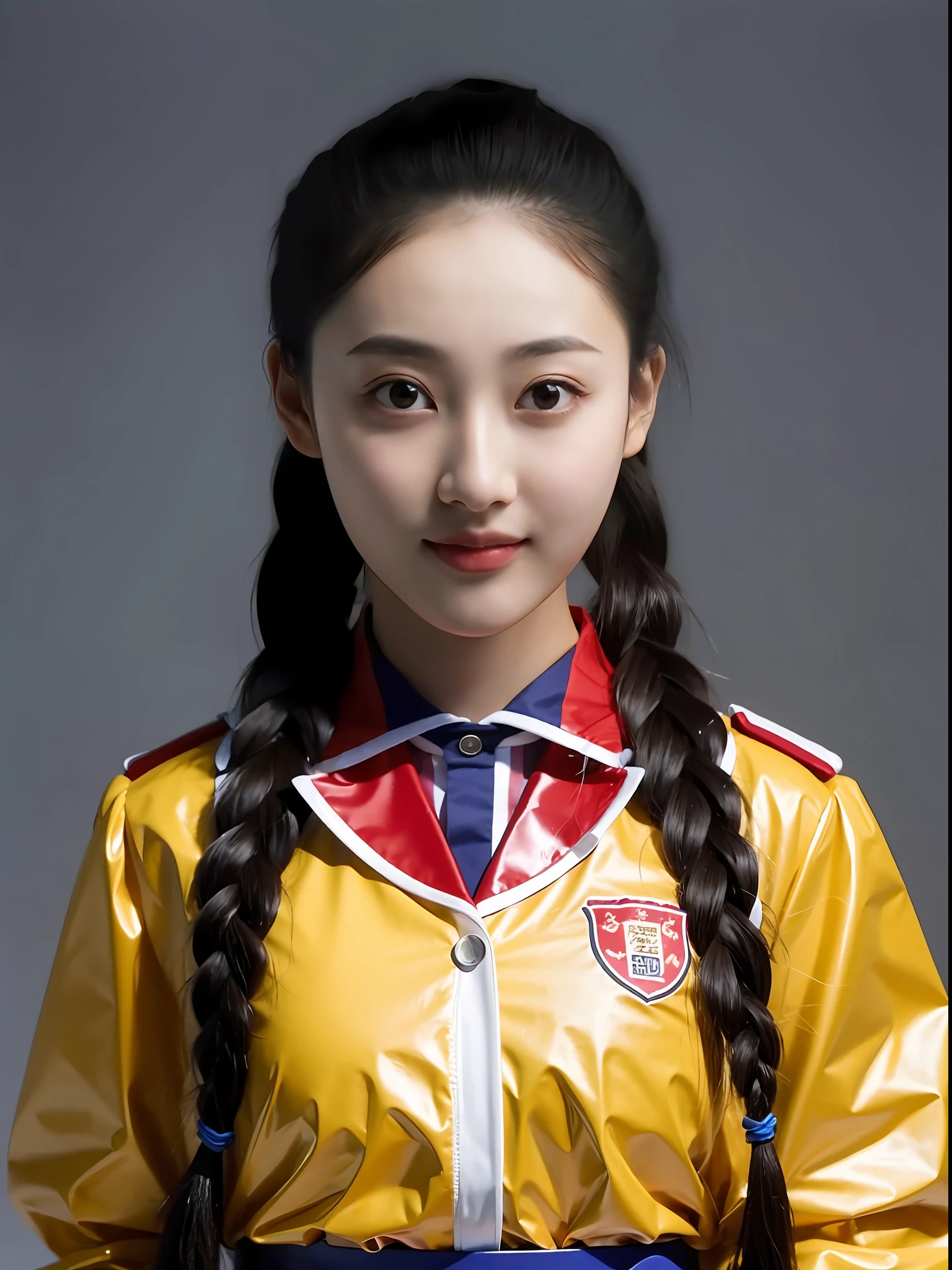 A Chinese high school girl，Wear PVC middle school uniform，Braid