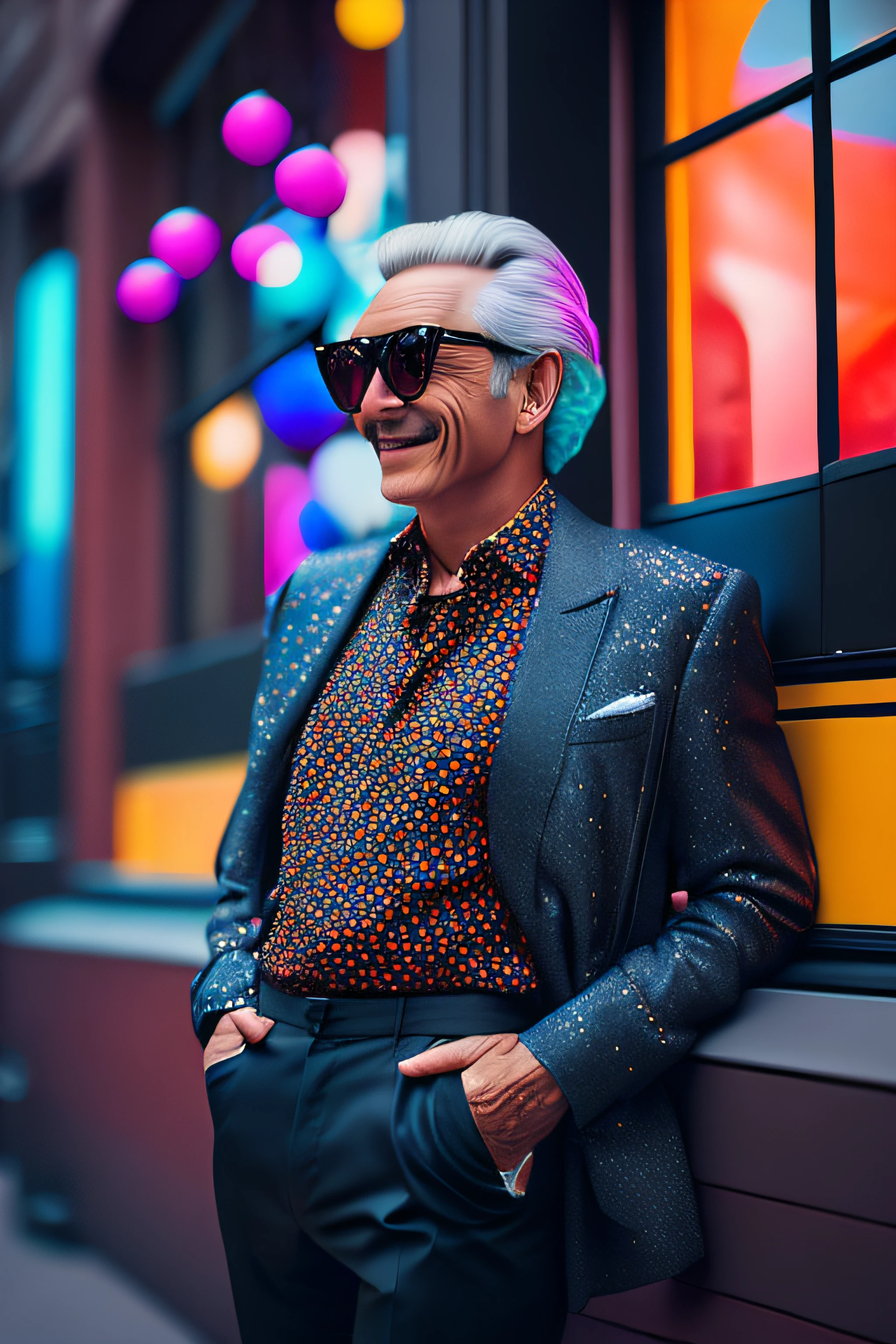 (fashionista portrait middle-aged man of the 1950s with intricate colorful modern bright colored glasses), hair with flowers, smiling expression, (extremely detailed digital photography: 1.2), standing in the middle of the city, (((full body))), raw image,, Hasselblad, 50asa, f8, 12mm, glow effects, godrays, hand drawn, render, 8k, octane render, cinema 4d, blender, dark, atmospheric 4k ultra detailed, sensual cinematic, sharp focus, humorous illustration, great depth of field, masterpiece, colors, 3d octane rendering, 4k, concept art, trend in artstation, hyperrealistic, vivid colors, rim light, extremely detailed CG 8k wallpaper unit, trend in ArtStation, trend in CGSociety, Pop Art style by Yayoi Kusama, Intricate, High Detail, dramatic
, pure energy, light particles, sci-fi