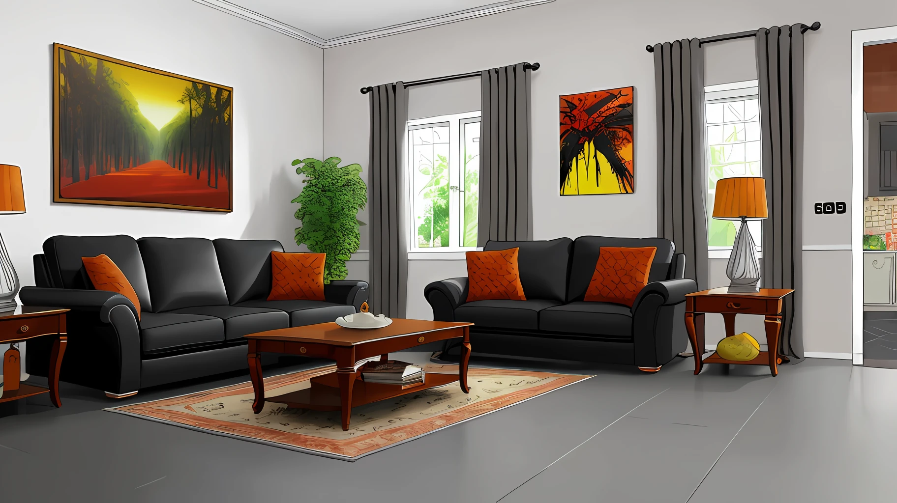 living room interior, Grey floor,black sofa,Black tea table, 8K, hyper HD, tmasterpiece, highest quality