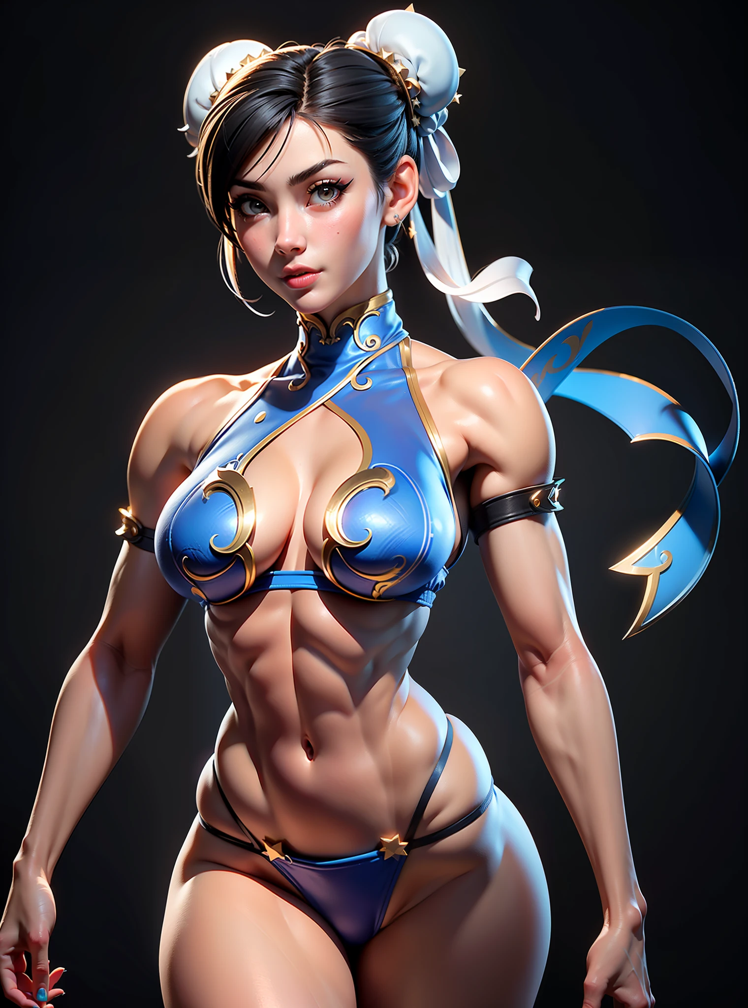 ((Best quality)), ((Masterpiece)), ((Realistic)) and ultra-detailed photography of a girl with goth colors. Chun- li, ((Chun- li)), dressed in (small black micro-thong, black micro-bikini:Star motif ) , ((Beautiful and aesthetic)), muscular fit body abs, Sexy, under-boobs, Hot, (Cream gradient background)