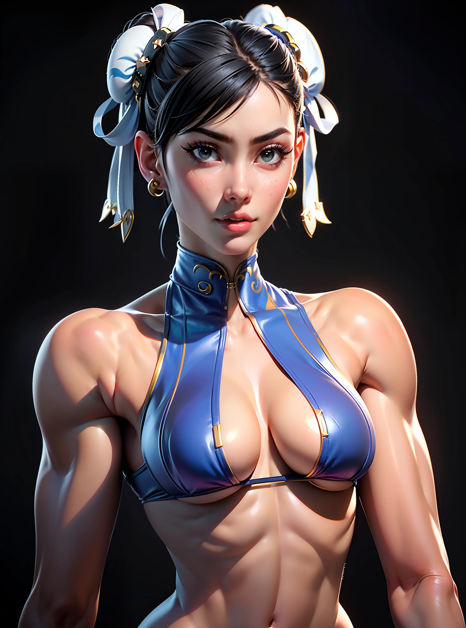 ((Best quality)), ((Masterpiece)), ((Realistic)) and ultra-detailed photography of a girl with goth colors. Chun- li， ((Chun- li)), dressed in (small black micro-thong, black micro-bikini:Star motif ) , ((Beautiful and aesthetic)), muscular fit body abs, Sexy, under-boobs, Hot, (Cream gradient background)