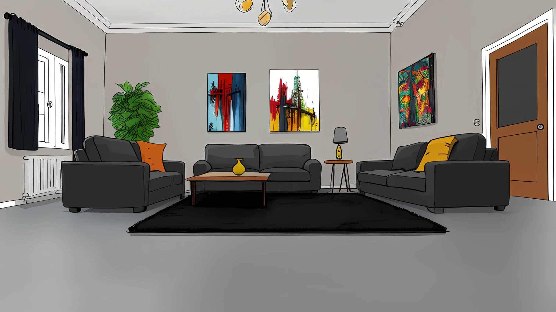 living room interior, Grey floor,black sofa, 8K, hyper HD, tmasterpiece, highest quality