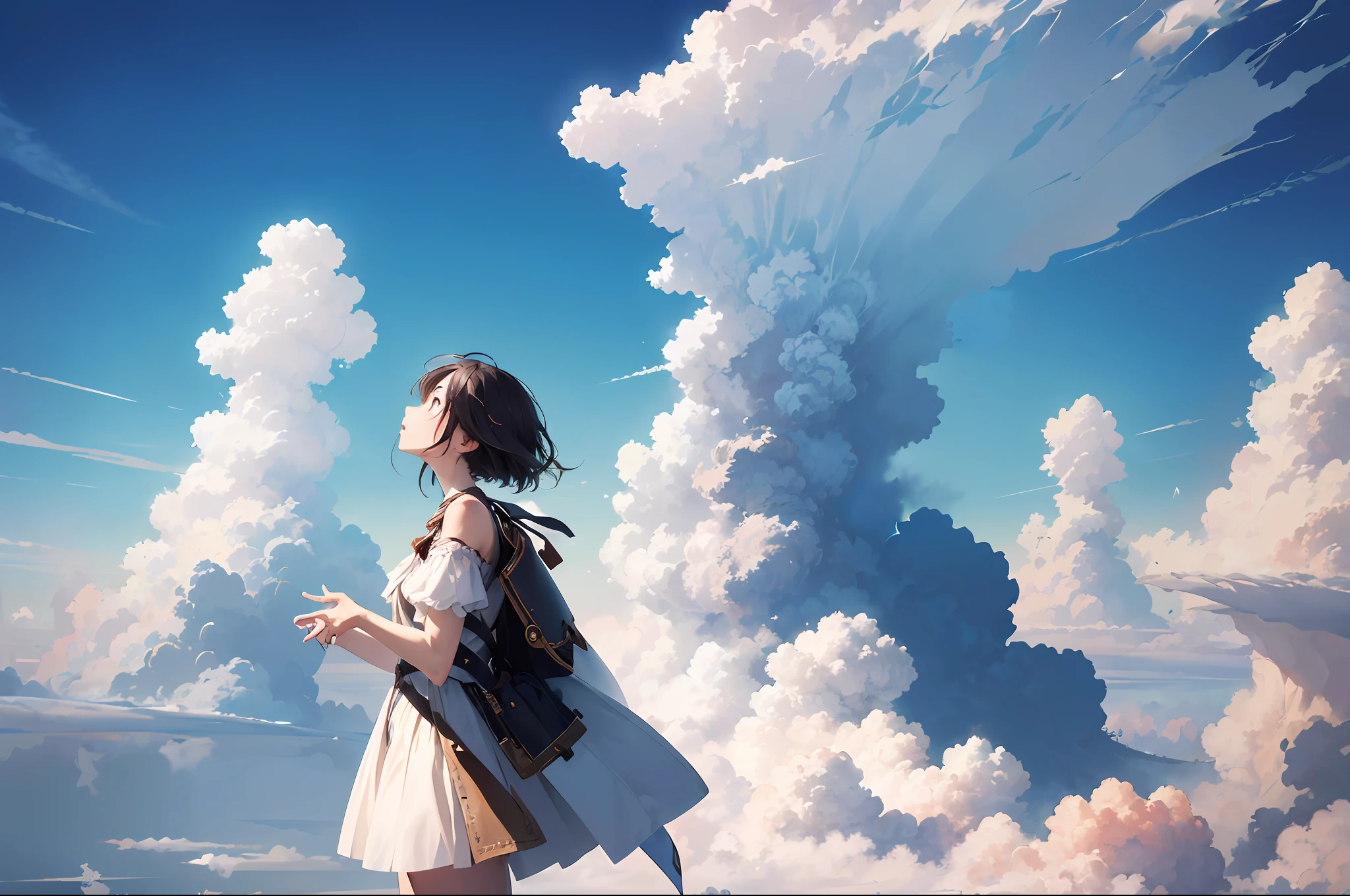 absurdres, highres, (official art, beautiful and aesthetic:1.2), close view,
shining sky, vast world, girl, gazing, awe-inspiring expression, distant horizon, clouds, high hill, natural beauty, inspiration, light effects,