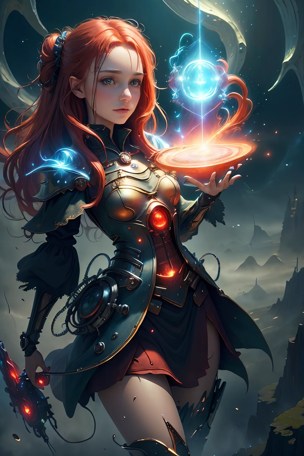 (best quality:1.21), (masterpiece:1.21), (detailed:1.1), (realistic:1.1), (antitech:1.1), fantasy, pure energy, light particles, 1girl, witch, magic, red hair, scenery, epic details