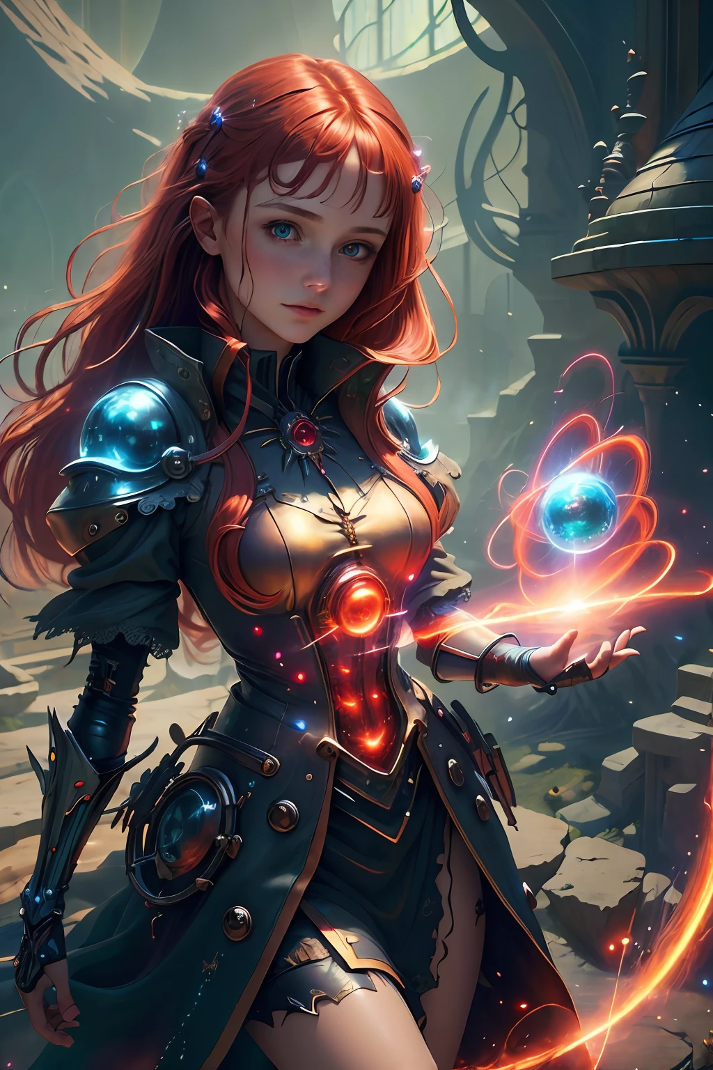 (best quality:1.21), (masterpiece:1.21), (detailed:1.1), (realistic:1.1), (antitech:1.1), fantasy, pure energy, light particles, 1girl, witch, magic, red hair, scenery, epic details
