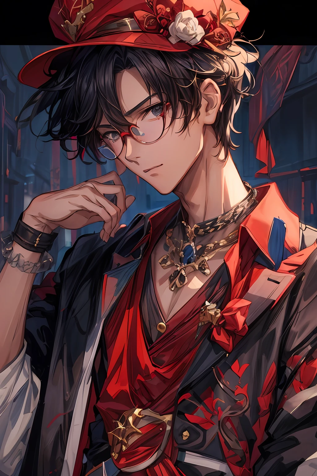 anime boy with red hat and glasses and red scarf, anime style 4 k, handsome guy in demon slayer art, high quality portrait, detailed digital anime art, anime boy, male anime style, artwork in the style of guweiz, handsome anime pose, 8k high quality detailed art, anime style. 8k, anime vibes, style anime