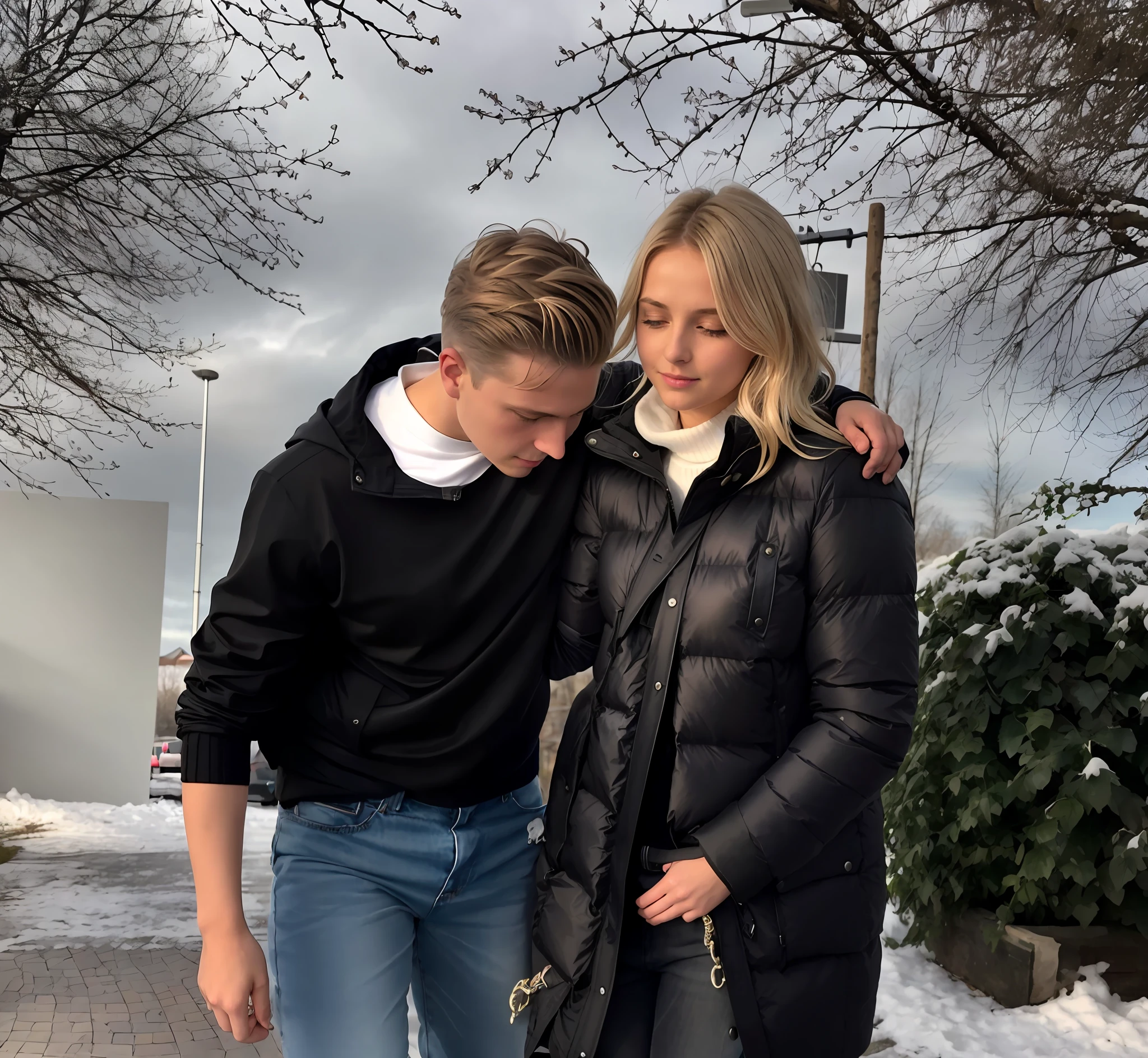 supporting

There is a young couple standing arm in arm, Ein Junge in mattem Baumwollpullover ist verletzt, Ein Junge in mattem Pullover aus Baumwolle, da ist eine langhaarige, attraktive Frau, who wears a high-gloss puff jacket, Eine Moncler-Jacke im Wetlook-Look, Eine blonde Frau weint vor Kummer, A blonde woman holds an injured boy in a dark wool sweater in her arms, Da ist ein Junge in Jeans und einem mattdunklen Baumwoll-Pullover, who is a blonde woman in a very shiny, wattierten, lackierten Mantel umarmt, Ein Junge hat ein schmerzendes Gesicht und kann nicht gehen, There's a blonde girl, supporting an injured boy, A wounded boy cannot walk and needs to be supported by a girl, A sad-looking girl carries a wounded boy, Meisterwerk, nur, Russische Frau, 20 Jahre, gekleidet, Jeans, Junge im Baumwoll-T-Shirt, braune Schuhe, Super detaillierter Hintergrund, Weizenfeld, detailliertes Gesicht, braune Augen, aufschreiend, tears, Verzweiflung, Schmerz, Qual, Unfall, dramatische Leidenspose, , Zeiger mit detaillierten Zeigern, Finger:5, brunette, Full body and leg portrait, Female in shiny black jacket, Male boy in matte dark t-shirt