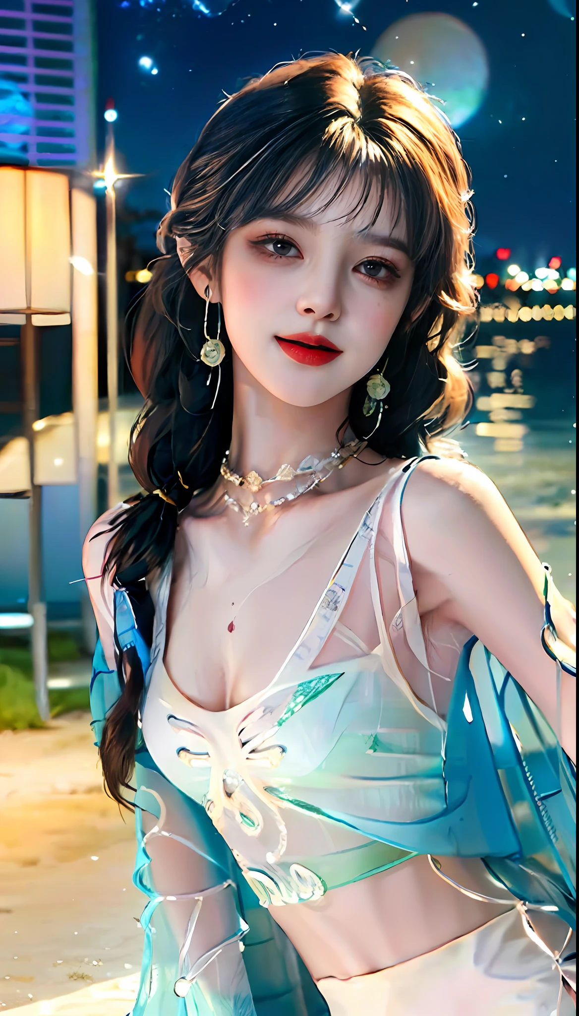 (((masterpiece:1.5))), ((luminous)), ((8k wallpaper:1.2)), (extremely detailed CG:1.2), extremely detailed CG unity 8k wallpaper, game CG, extremely detailed facial features, ultra detailed, best quality, detailed background, 8k cg wallpaper, stunning art, realistic shadow, best shadow, realistic light, best lighting, super-detailed, superb, photoreal, realistic, (((1girl))), solo, ((chibi anime girl)), chibi, ((best quality)), (ultra-detailed), ((an extremely delicate and beautiful)), Illustration, 8k, soft features, aristocratic features, digital painting, delicate composition, dynamic angle, barefoot, full body, perfect anatomy, perfect arms, perfect hands, perfect fingers, extremely detailed finger, ((two arms)), one arm on each side, brown hair, bob cut, braided bangs, one side up, flower hair ornament, (earrings), happy smile, provocative, head tilt, Beautiful detailed gemological eyes, jewel-like eyes, heart_shaped_pupils, ((petite)), (()), (18 years old), slim body, (flat chest), (see-through:1.4), ((erect nipples)), ((sheer breasts)), wariza, voluptuous, (((white:1.6))), (pure:1.2), ((pajamas)), mini skirt, plaid skirt, pleated skirt, ((luminous)), ultra-detailed, ((background: beach, night, starlight, Milky Way))