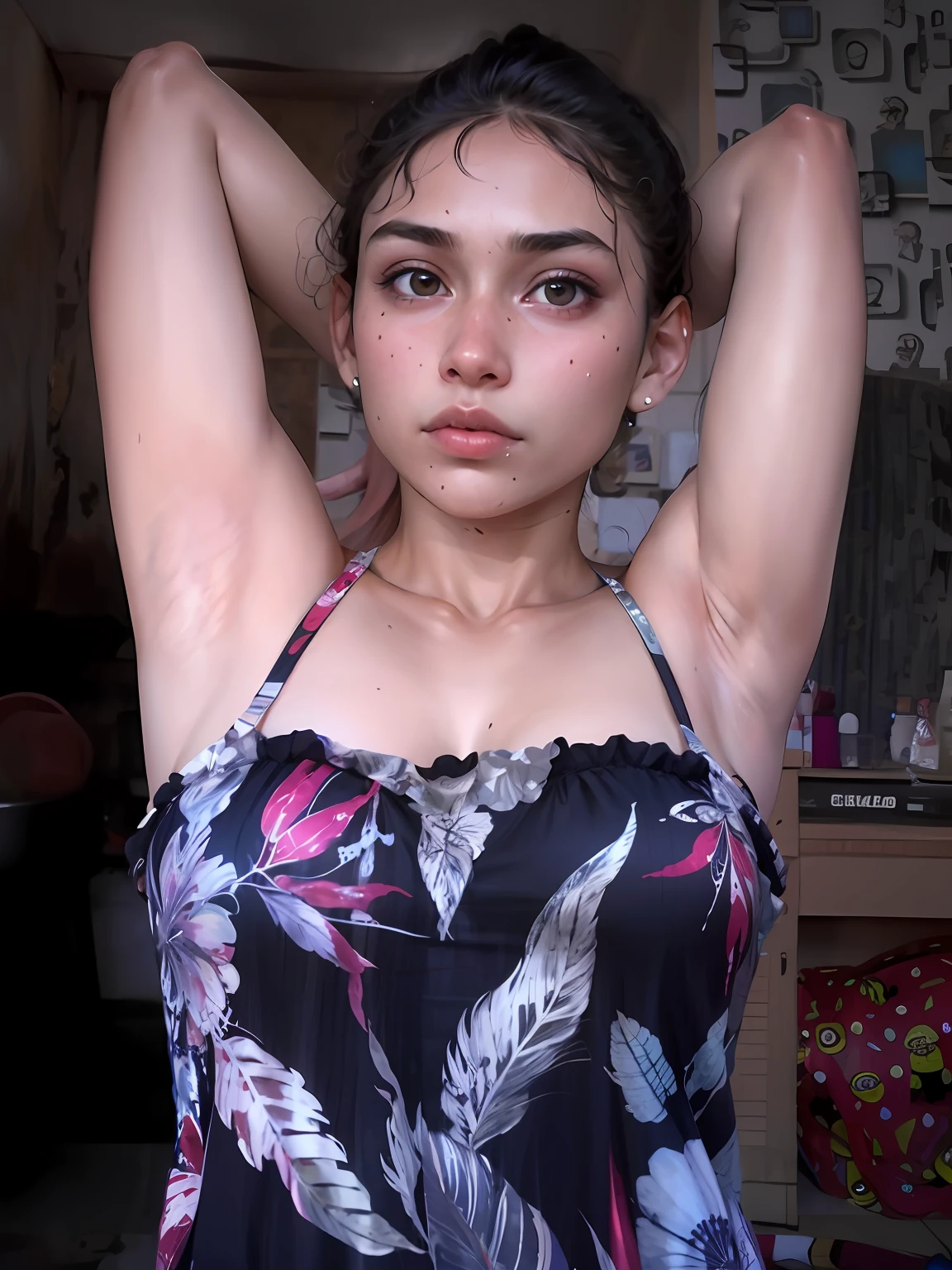there is a woman that is posing for a picture in a tanktop, armpit, around 19 years old, hairy arms, with arms bare, indian girl with brown skin, with arms up, around 20 yo, she is about 20 years old, she is about 20 years old, she is about 16 years old, sweaty skin!! Sweaty armpits, sweaty underarms!