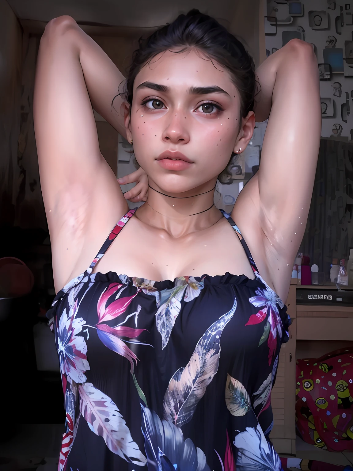 there is a woman that is posing for a picture in a tanktop, armpit, around 19 years old, hairy arms, with arms bare, indian girl with brown skin, with arms up, around 20 yo, she is about 20 years old, she is about 20 years old, she is about , sweaty skin!! Sweaty armpits, sweaty underarms!