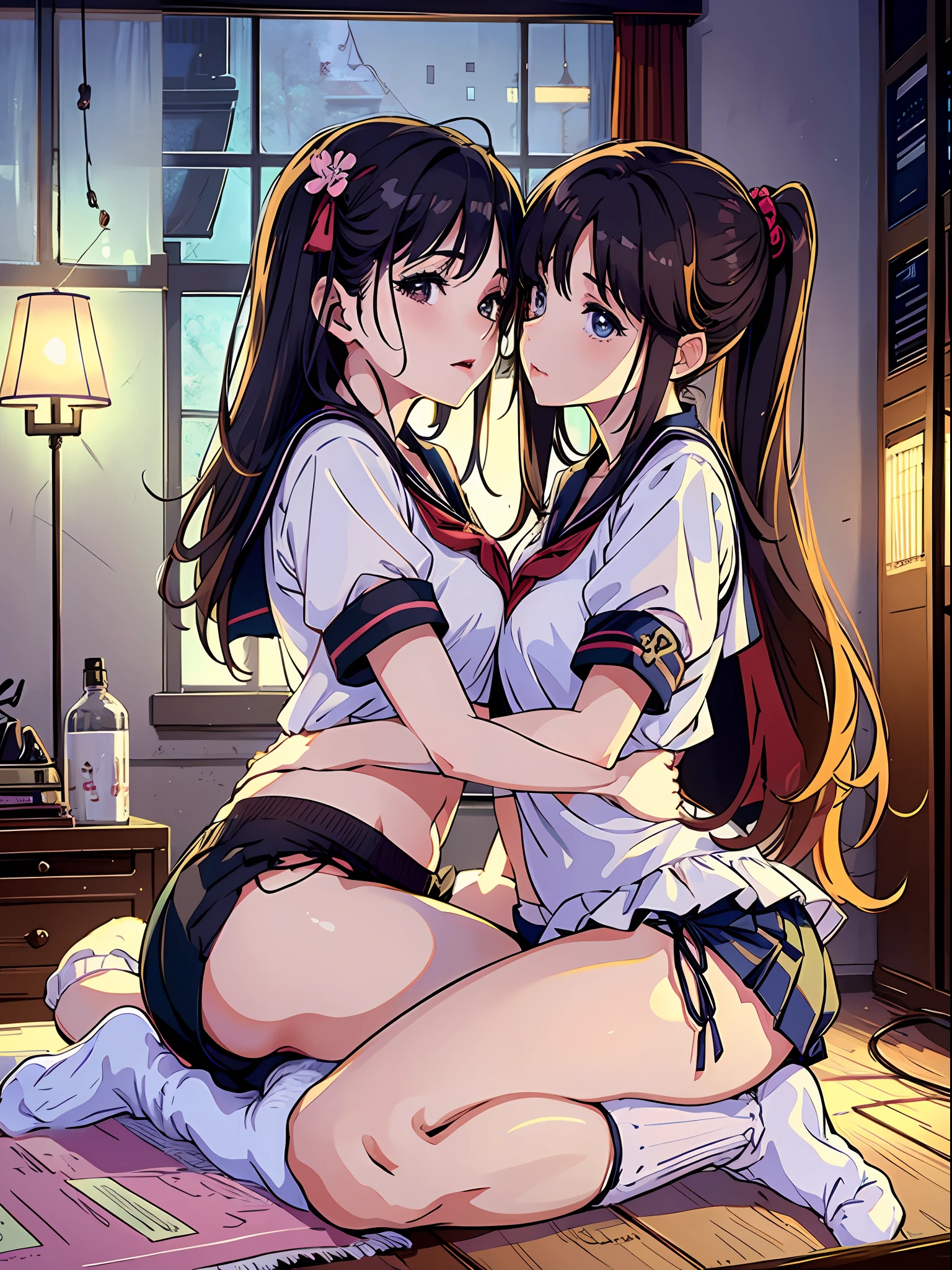 ​master piece,hyper quality, Hyper Detailed,Perfect drawing,nffsw,3D,8K,Two anime beautiful girls kissing while pressing their breasts against each other
Two beautiful girls from anime staring at each other from the front, Pressing each other's breasts、embrace each other
Japanimation　Moe Anime Beautiful Girl　Kogal　Brown skin　Loose socks(Buggy socks:1.5)　gal make　a sailor suit　a miniskirt(0.8)　Luxury underwear、I can see my panties、Bedrooms、indirect lighting、Night view outside the window、beatiful backgrounds、Detailed drawing、Accurate drawing、clearface,Perfect illustration、