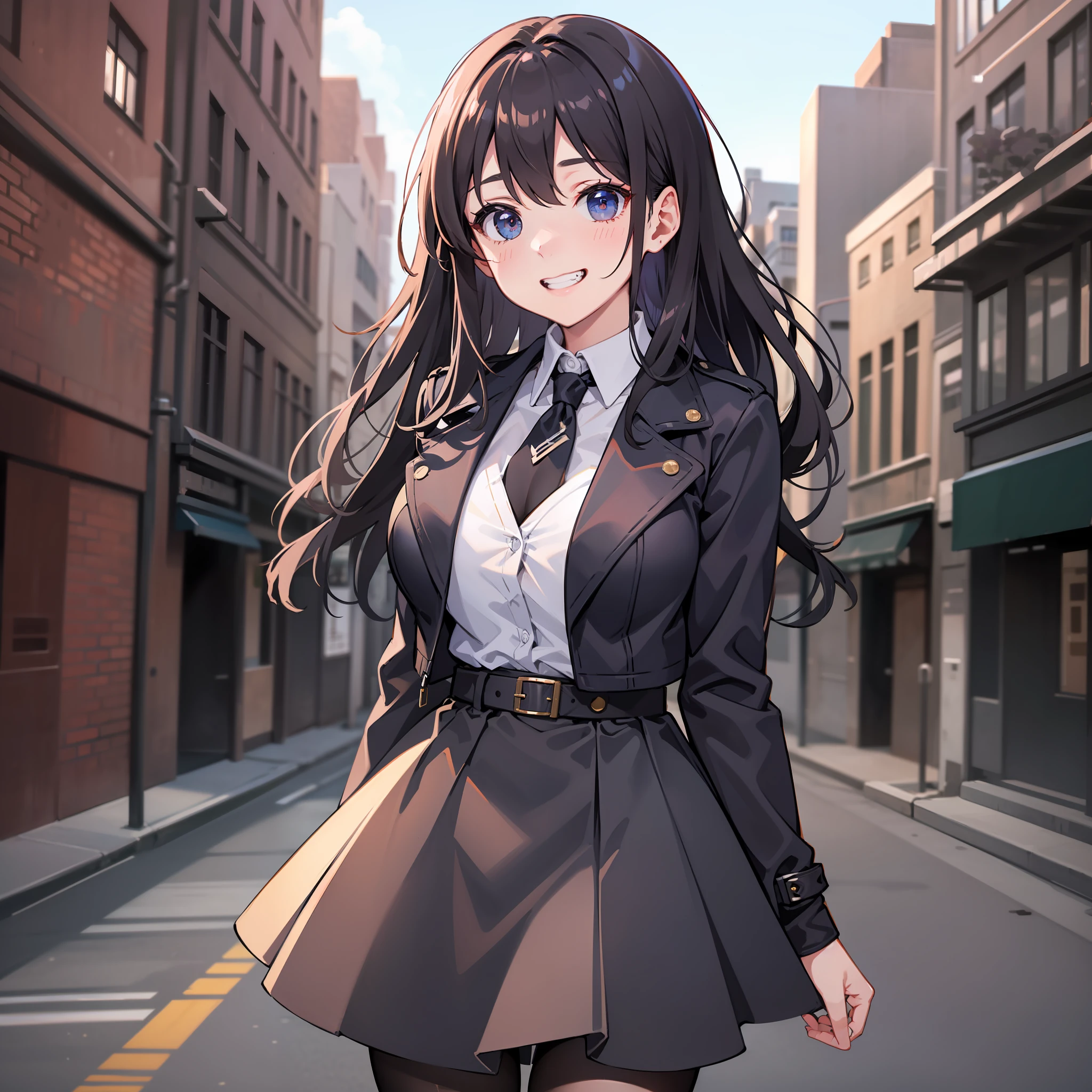 (masterpiece:1.6、top-quality)、(Fine and beautiful eyes: 1.2)、(looking-down)、hightquality、beautiful countenance、1girl in、Leather tight skirt、Colored tights、Oversized leather jacket, Colossal tits, long, wide-hips, (sideways Facing, ), Street, Background with, detailedbackground,Creepy grin、Laughter at the corners of his mouth、long court、Shirt、neck tie、OL、PastelColors