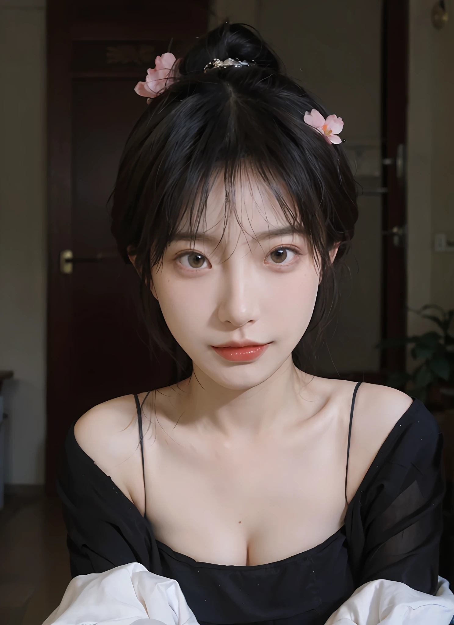 best qualtiy, 超高分辨率, (realisticlying:1.4), one-girl, A pair of clear and moving peach blossom eyes,Royal Sister,(full bodyesbian:1.2)a sense of atmosphere,a beauty girl, (Huge room:1.4), looking at viewert, closeup cleavage ,