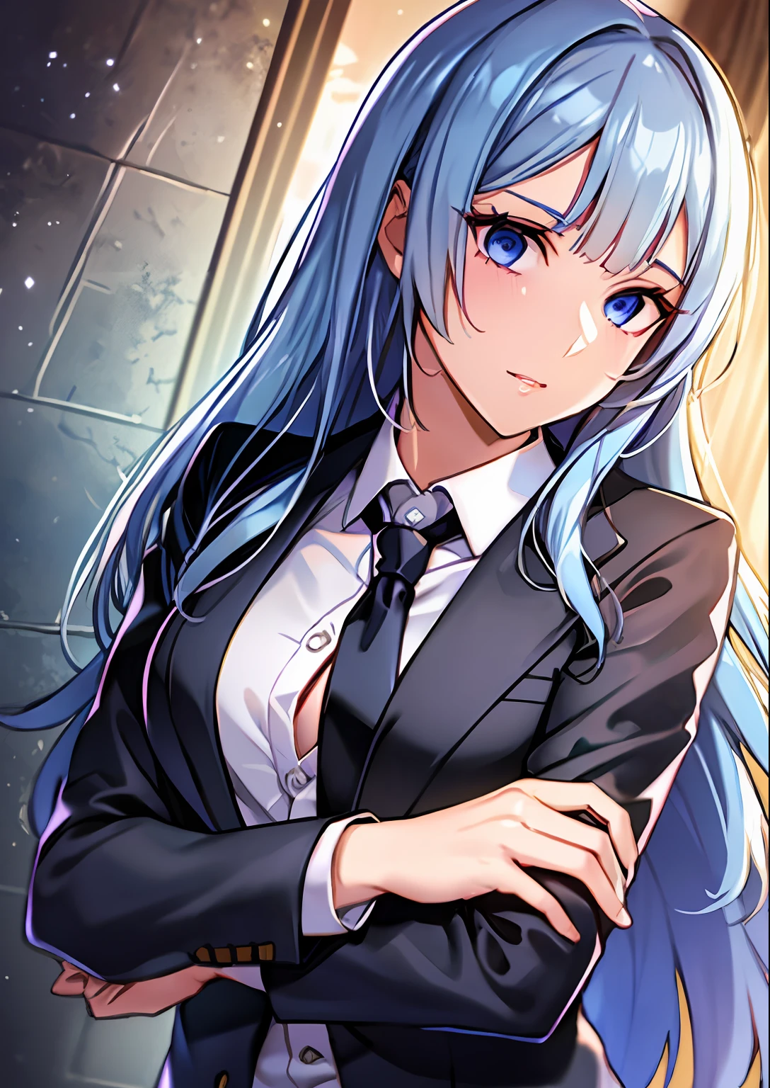 Ultra-realistic 8K CG masterpiece、finely detail、delicate patterns、Detailed face, eyes and hair、Miwa Kasumi、lightblue hair、length hair、bluntbangs、middlebreasts、Suits、Black jacket、Open jacket、Black tie、White shirt、Black pants、Black Sword、full body Esbian、cowboy shot、sexy pose、holding a katana。