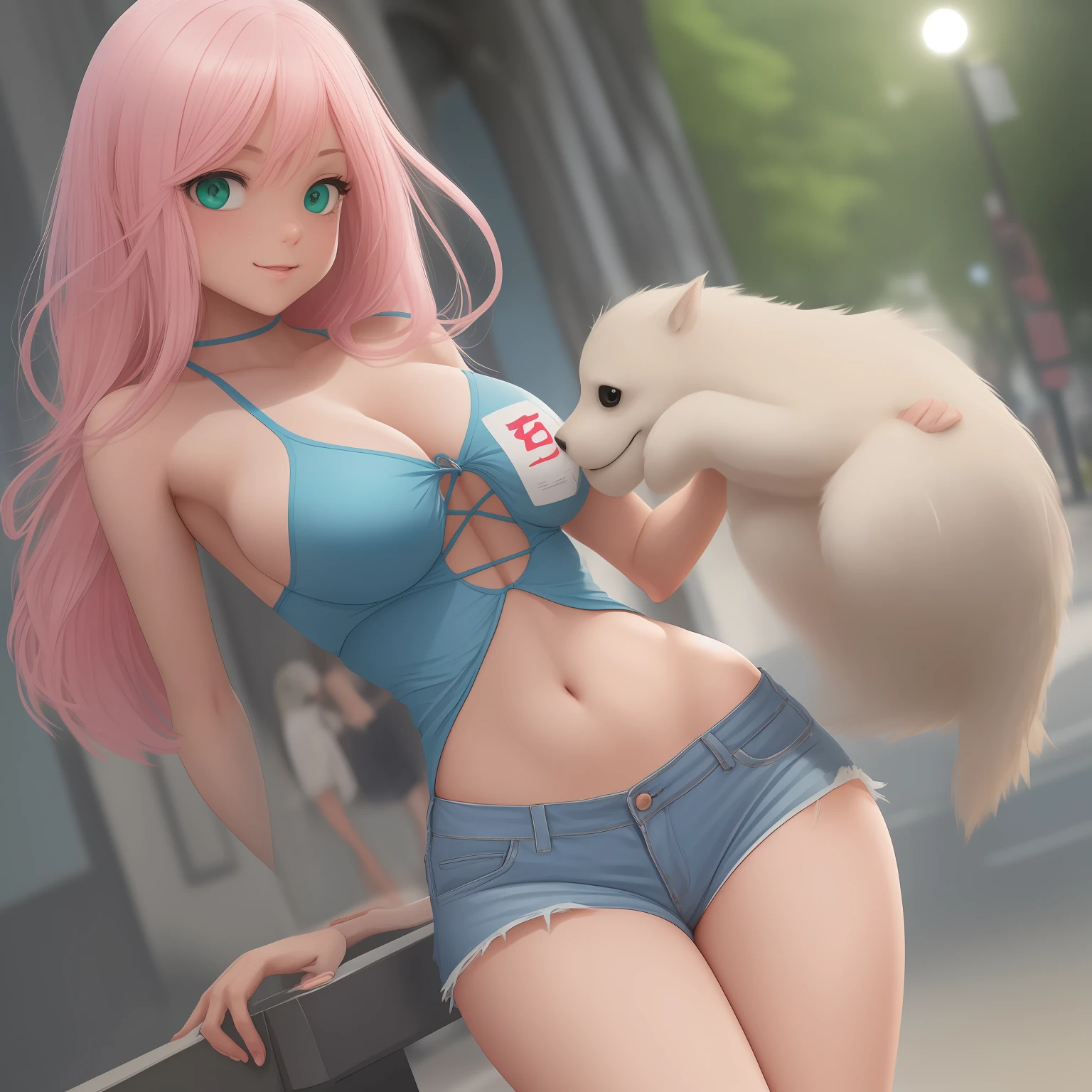 (Best quality, 4k, Masterpiece :1.3), beautiful woman, hyper realistic, 1girl, (droopy breasts, attractive body :1.2), sit-ups :1.1, long straight light yellow hair with fringes :1.1, ultra-detailed face, detailed lips, detailed eyes, double eyelid, tight short pink bra, open neckline, hanging breasts, side pose, visible curves, on the street, light blue and tight short jean shorts, muscular turned leg, Big breasts, light green eyes, pink high heels, open sky with sun, smiling, big ass, standing on his back looking back, show more ass, hands on ass, freckles on face, freckles on ass, verybadimagenegative_v1.3, ng_deepnegative_v1_75t, (ugly face:0.8),cross-eyed,sketches, (worst quality:2), (low quality:2), (normal quality:2), lowres, normal quality, ((monochrome)), ((grayscale)), skin spots, acnes, skin blemishes, bad anatomy, DeepNegative, facing away, tilted head, {Multiple people}, lowres, bad anatomy, bad hands, text, error, missing fingers, extra digit, fewer digits, cropped, worstquality, low quality, normal quality, jpegartifacts, signature, watermark, username, blurry, bad feet, cropped, poorly drawn hands, poorly drawn face, mutation, deformed, worst quality, low quality, normal quality, jpeg artifacts, signature, watermark, extra fingers, fewer digits, extra limbs, extra arms,extra legs, malformed limbs, fused fingers, too many fingers, long neck, cross-eyed,mutated hands, polar lowres, bad body, bad proportions, gross proportions, text, error, missing fingers, missing arms, missing legs, extra digit, extra arms, extra leg, extra foot, ((repeating hair))